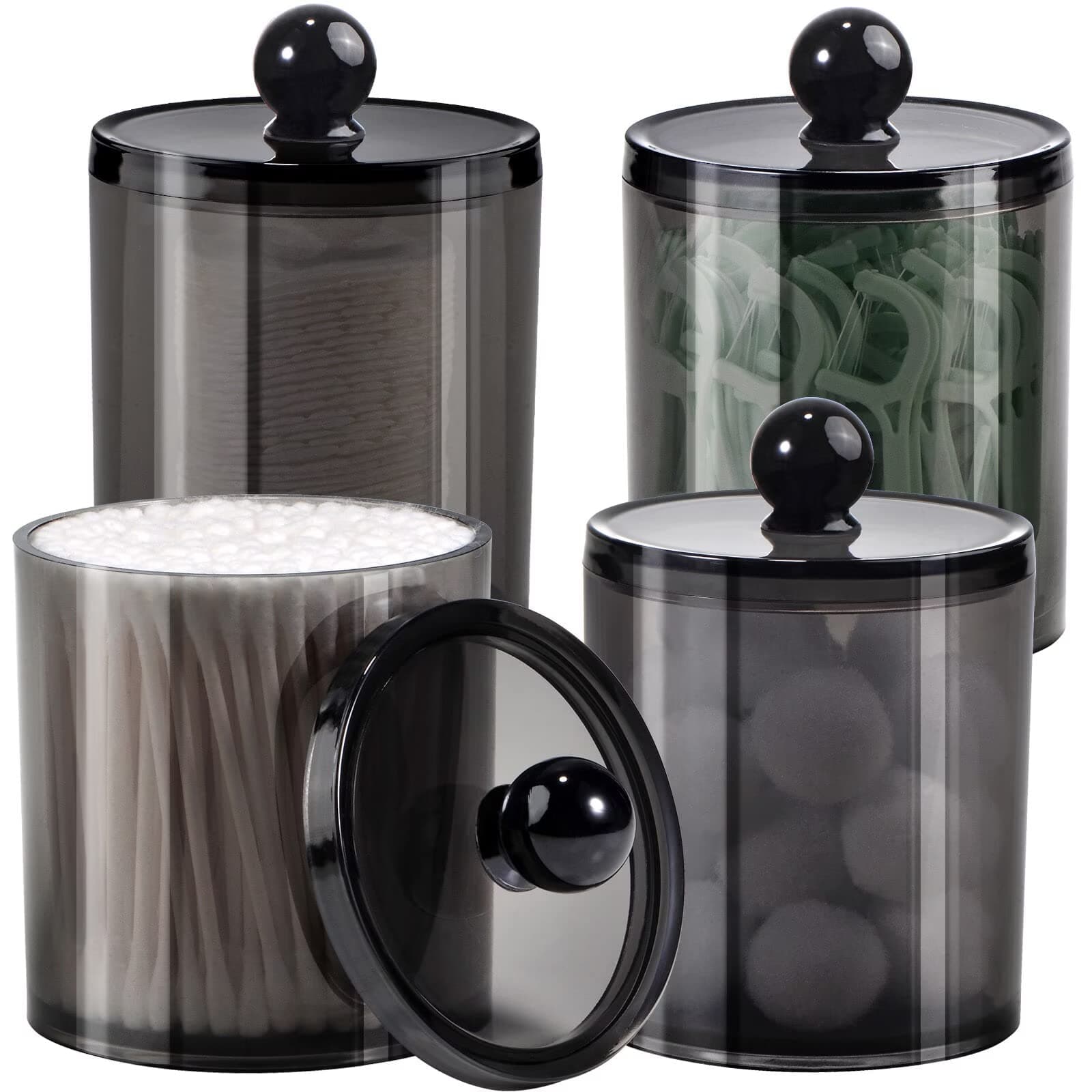SheeChung 4 Pack Plastic Acrylic Bathroom Vanity Countertop Canister Jars with Storage Lid, Apothecary Jars Qtip Holder Makeup Organizer for Cotton Balls,Swabs,Pads,Bath Salt(Black, 10&12oz)