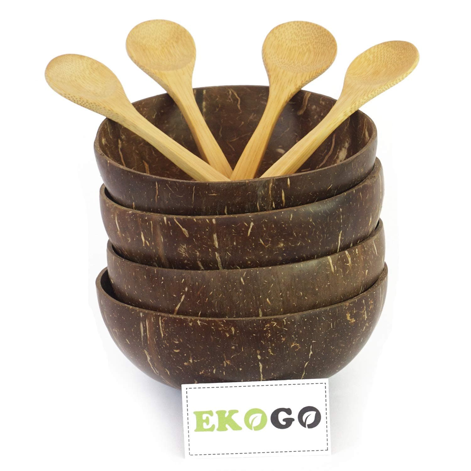 Set of 4 Coconut Bowls with 4 Spoons | Polished With Coconut Oil | Handmade, Vegan, Natural, Eco Friendly, Reusable Bowl for Breakfast, Serving, Decoration, Party