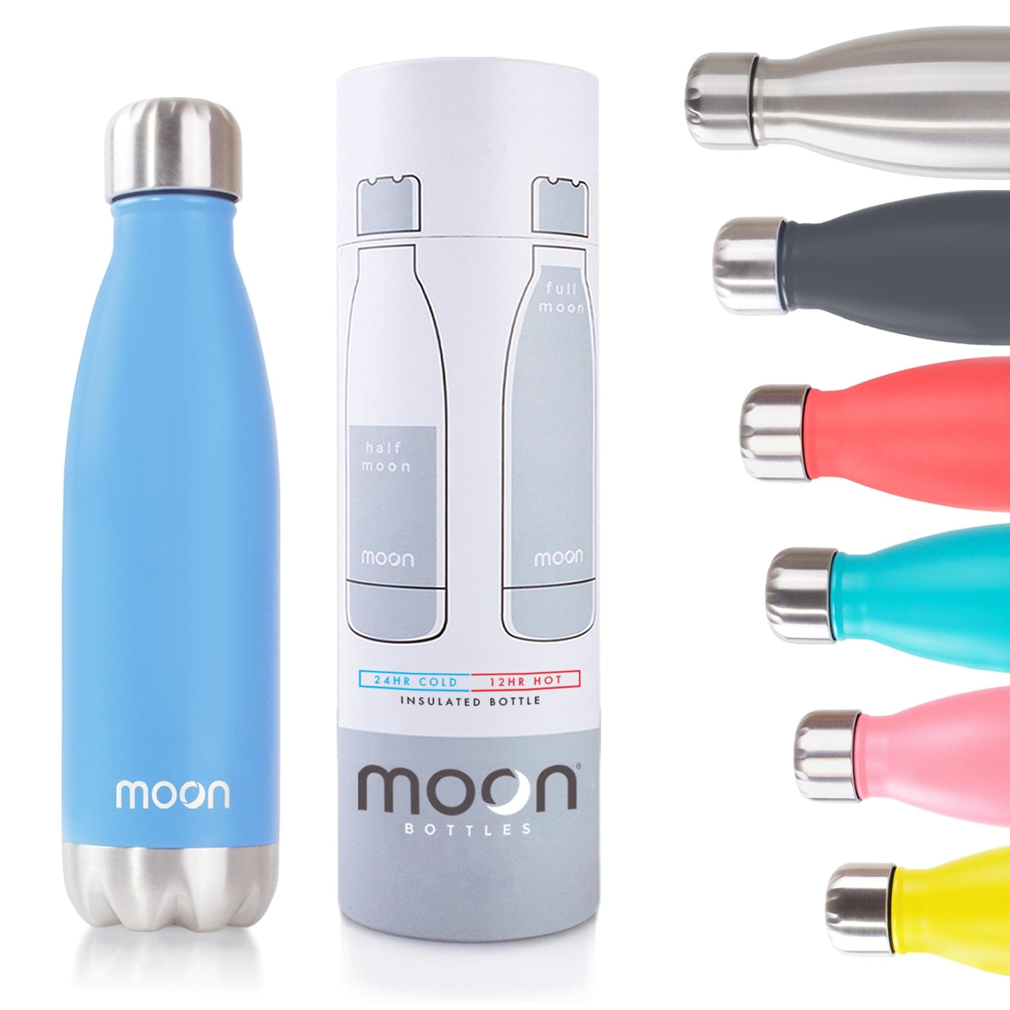 Moon Bottles - Insulated Water Bottle That Lasts Forever - 18/8 Stainless Steel Vacuum Flask - Double Walled Drink Bottle - Thermal Metal Flasks, Leakproof, 24hrs Cold & 12 Hot (750ml,Sky Blue)