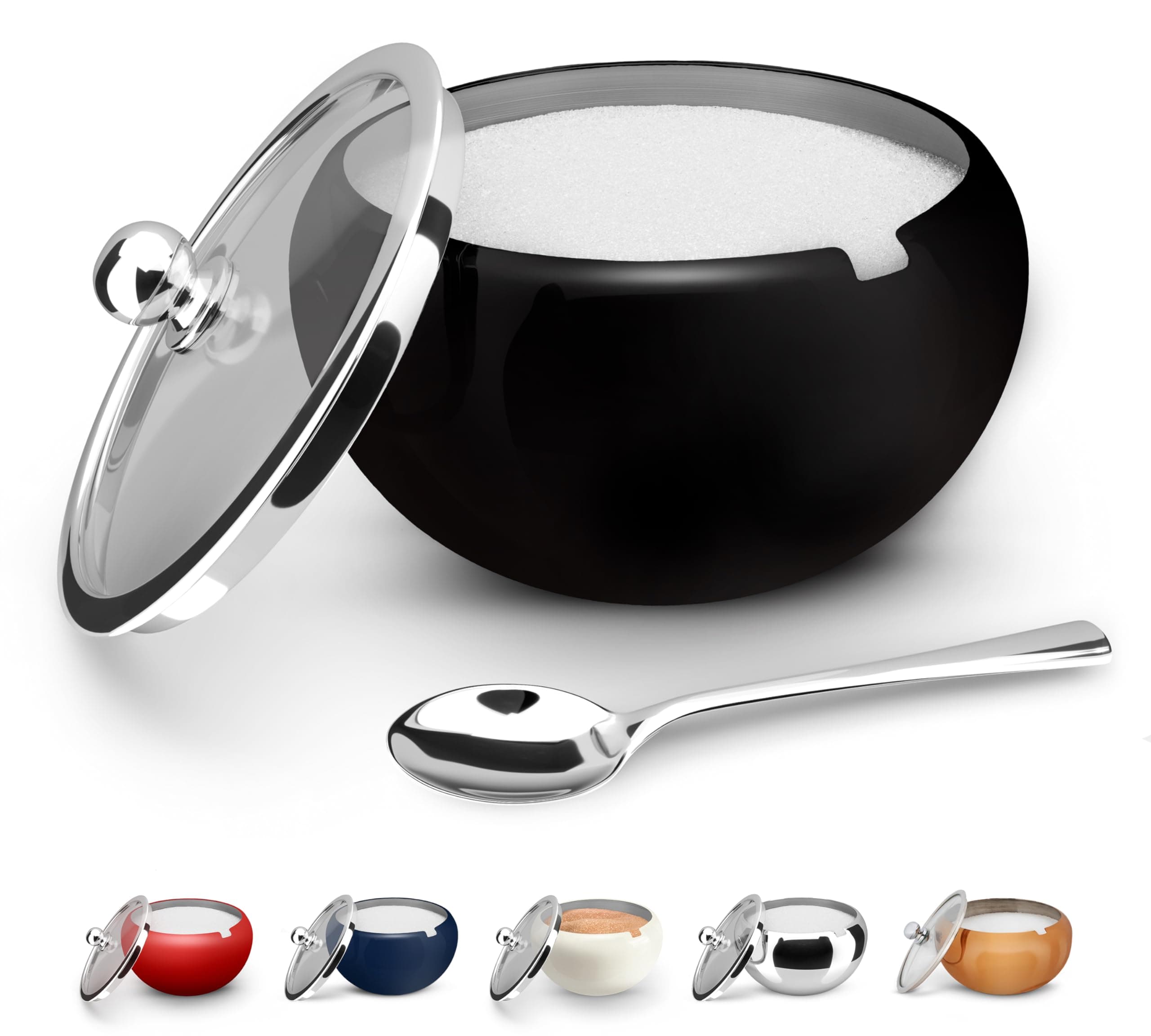 KooK Sugar Bowl, Sugar Bowl with Lid and Spoon, Sugar Container with Lid, for Salt, Coffee, Holds 2 Cups, Dishwasher Safe, Matte Black, 16 Oz