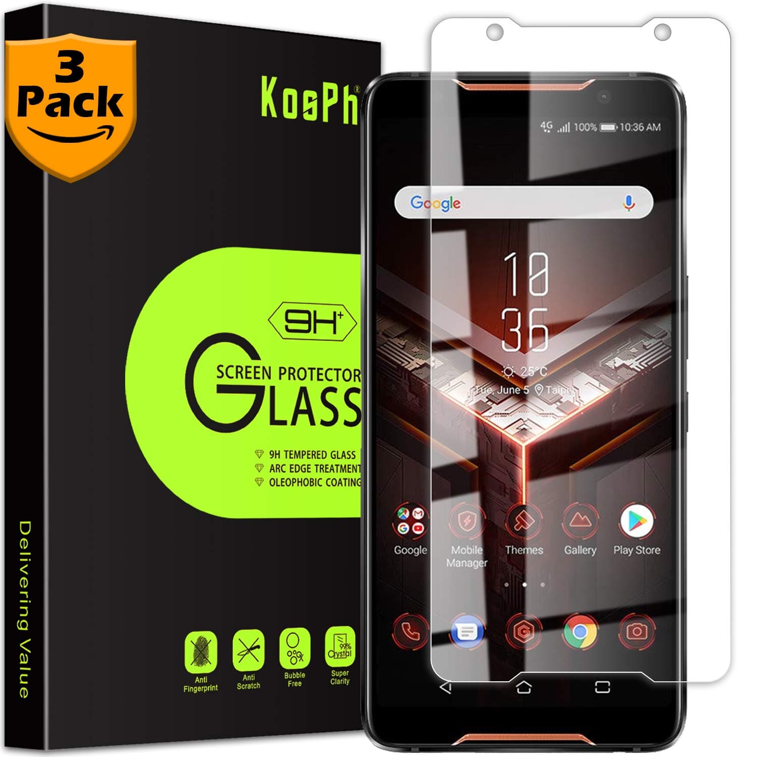 [3-Pack] KOSPH for Asus Rog Phone ZS600KL Tempered Glass Screen Protector, 9H 2.5D Arc Edge Glass Film with Oleophobic Coating, Anti Scratch/Impact Absorption/High Clarity (Partial Coverage, Clear)