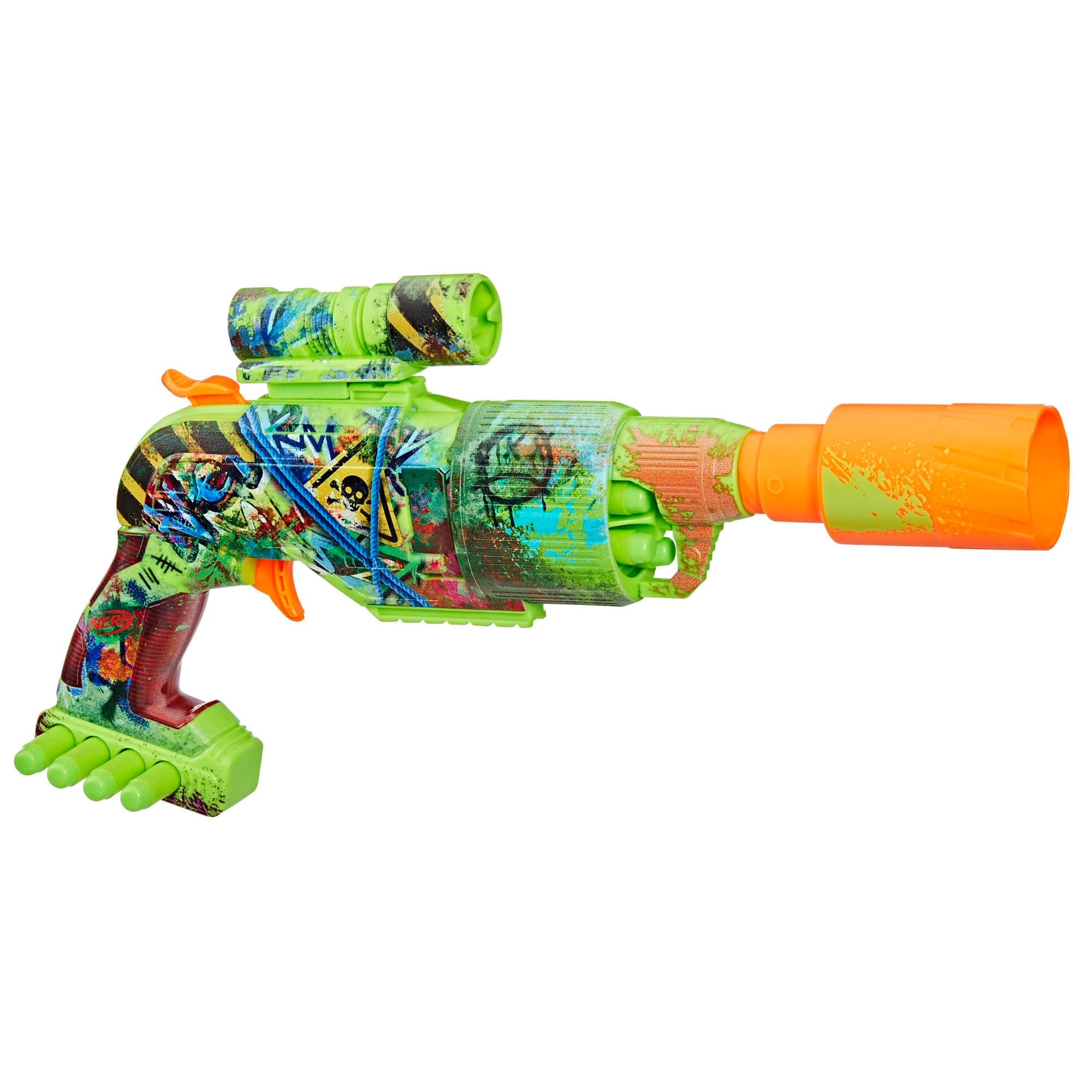 Zombie Driller Dart Blaster, 16 Nerf Elite Darts, Rotating 5 Dart Cylinder, Removable Scope, Outdoor Games, Ages 8+
