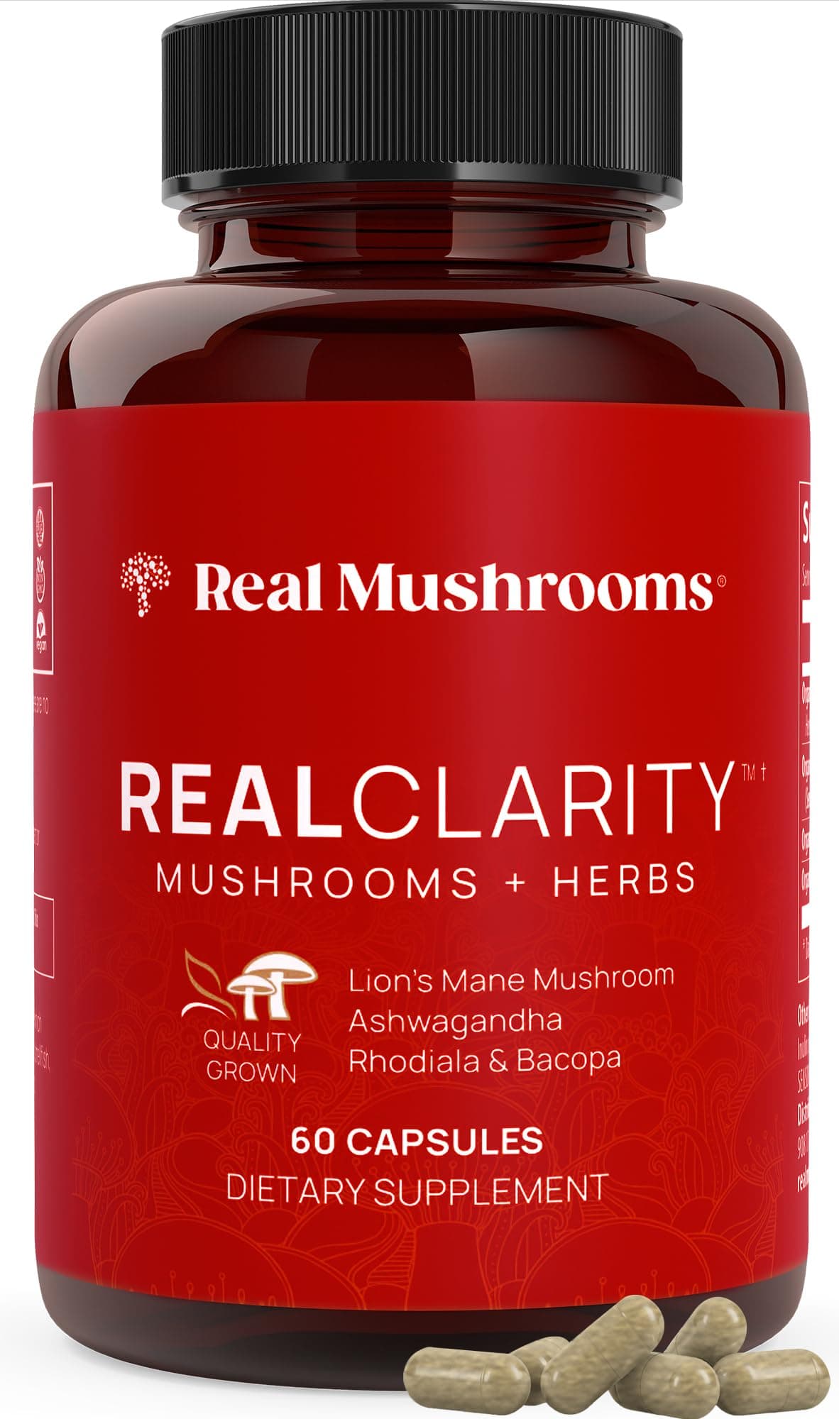 Real Mushrooms RealClarity Brain Supplement Mushroom Powder Capsules - Mushroom Supplement for Mental Clarity, Focus, Cognition, Daily Immune Support - Organic Lions Mane Capsules w Ashwagandha, 60ct