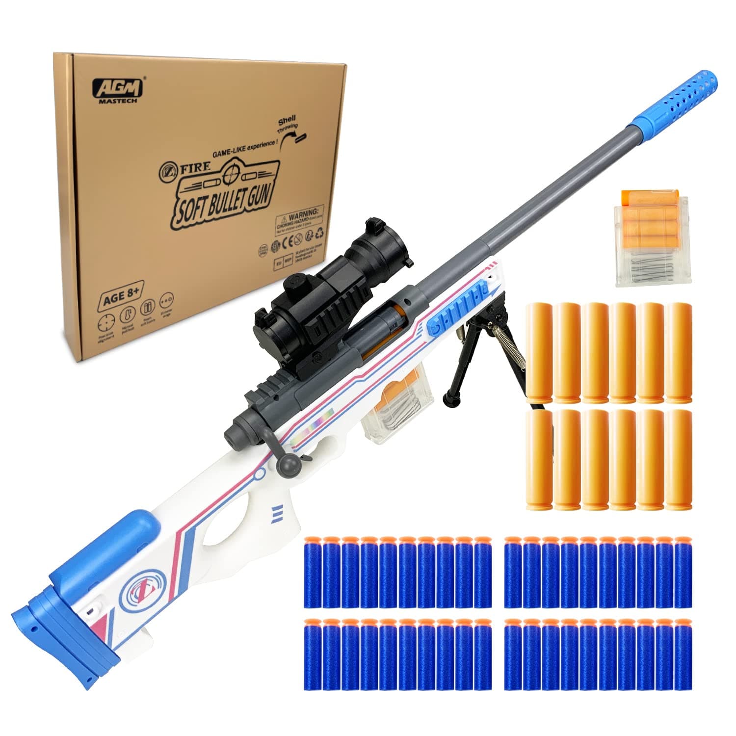 – AWM Shell-Throwing Blaster Shot Gun, 40 Official Darts, 4-Dart Clip, 2 Magazines, Removable Stock, Barrel Extension, Blaster Toys Playset for Boys, Kids, and Adults (White)