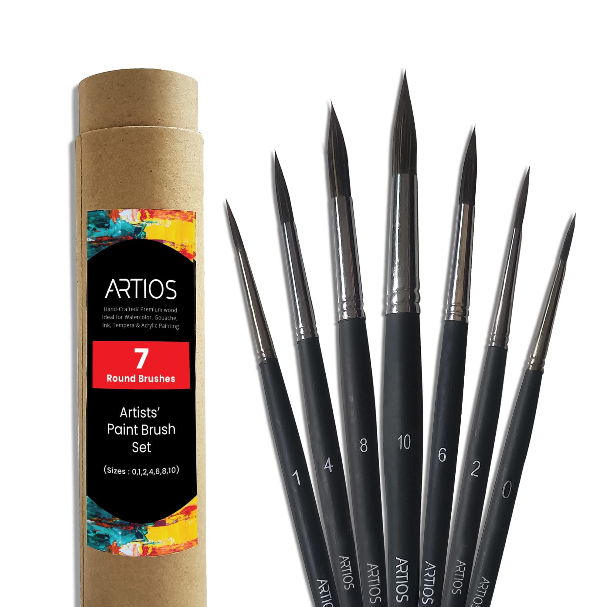 Round Paint Brushes Set - Handmade Professional Artist Painting Brush Set for Acrylic, Watercolor, & Gouache Painting with Brush Holder - Cruelty-Free (7 Round Brushes), Matte Black(Wood)