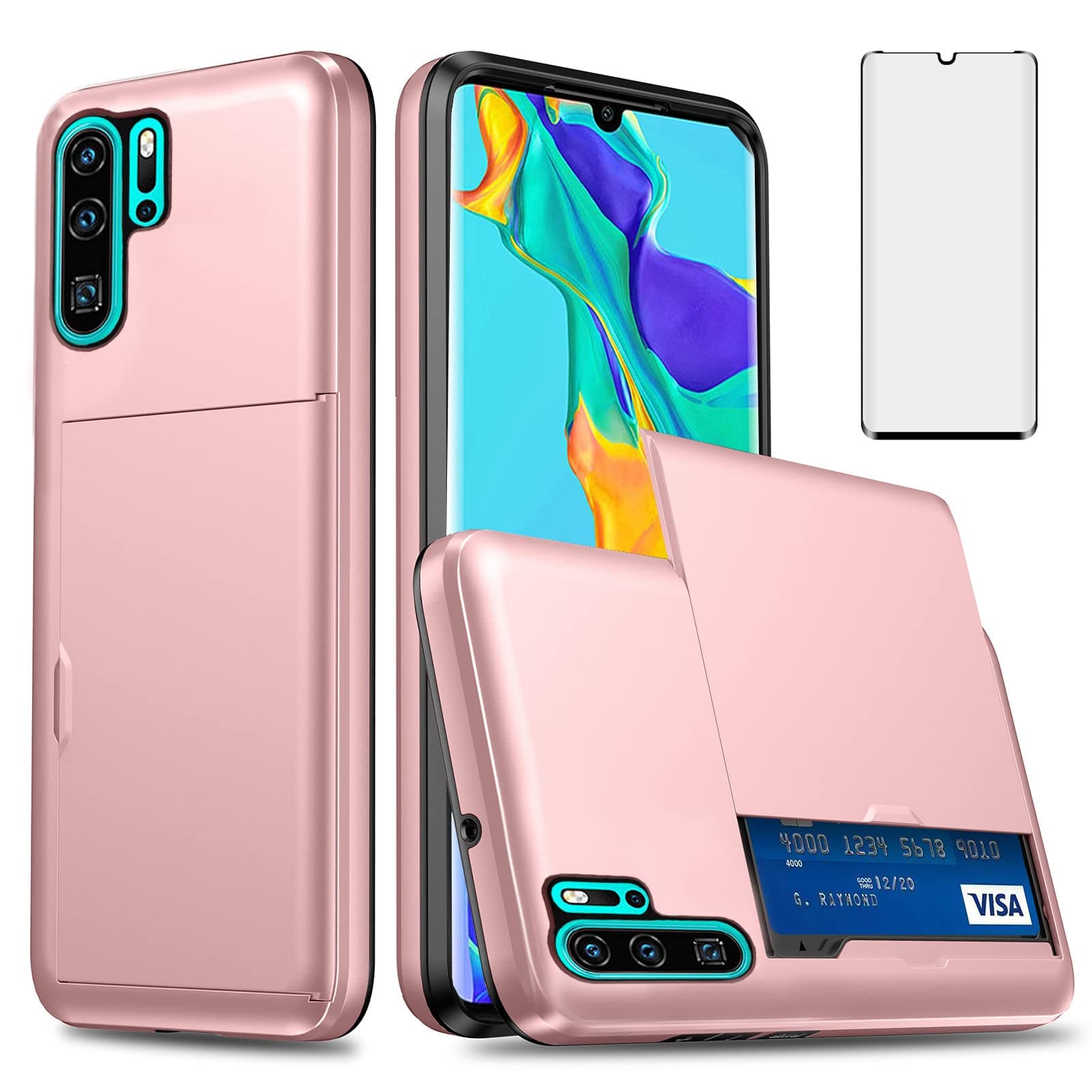 Asuwish Phone Case for Huawei P30 Pro with Tempered Glass Screen Protector and Credit Card Holder Wallet Cover Hard Hybrid Cell Accessories Hawaii P30Pro P 30 Pro30 Women Men Rosegold
