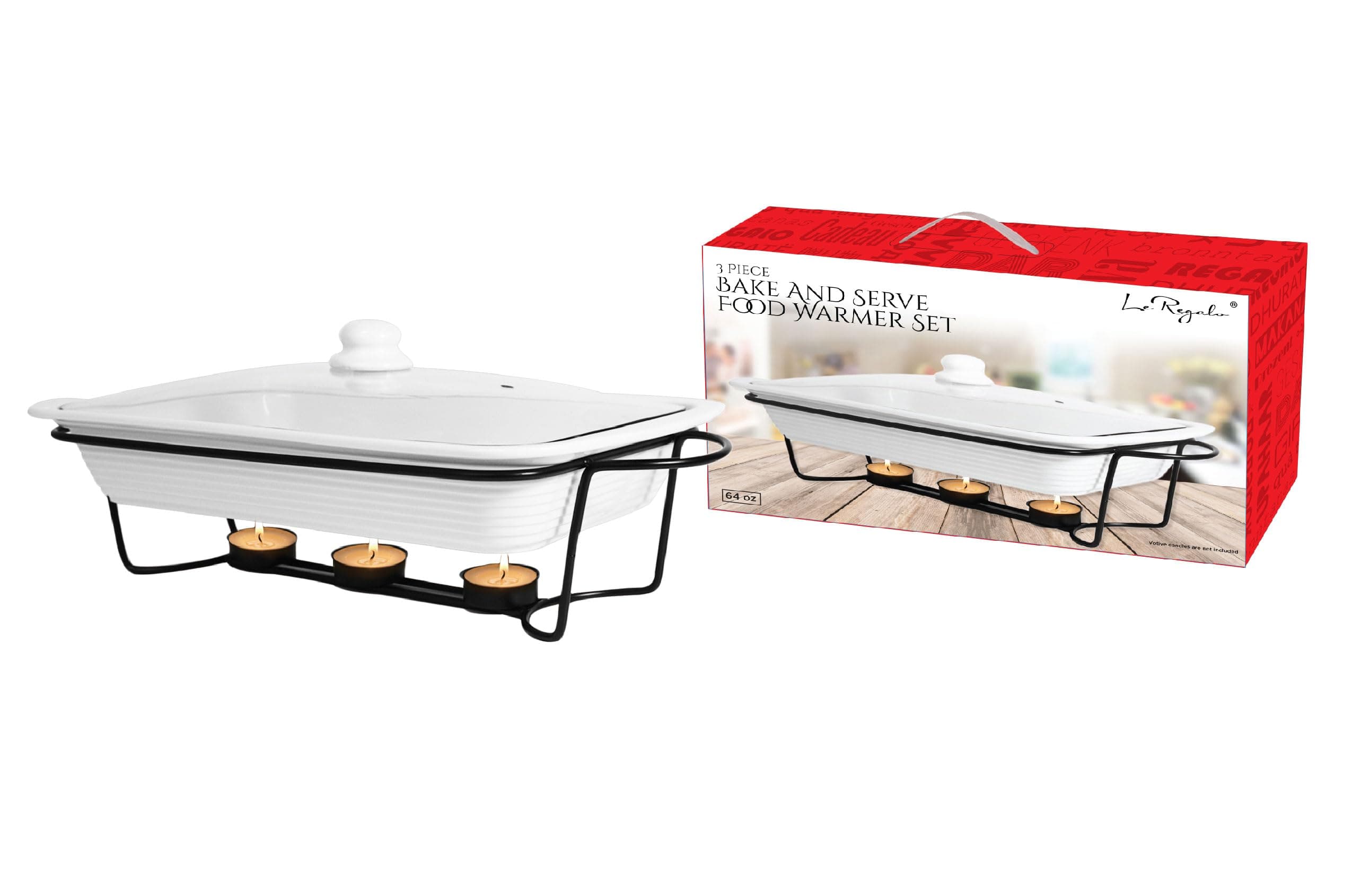 Stoneware 3-Piece Baking Dish, Glass Lid and Metal Stand, Bake and Server Food Warmer Set, Oven, Dishwasher and Freezer