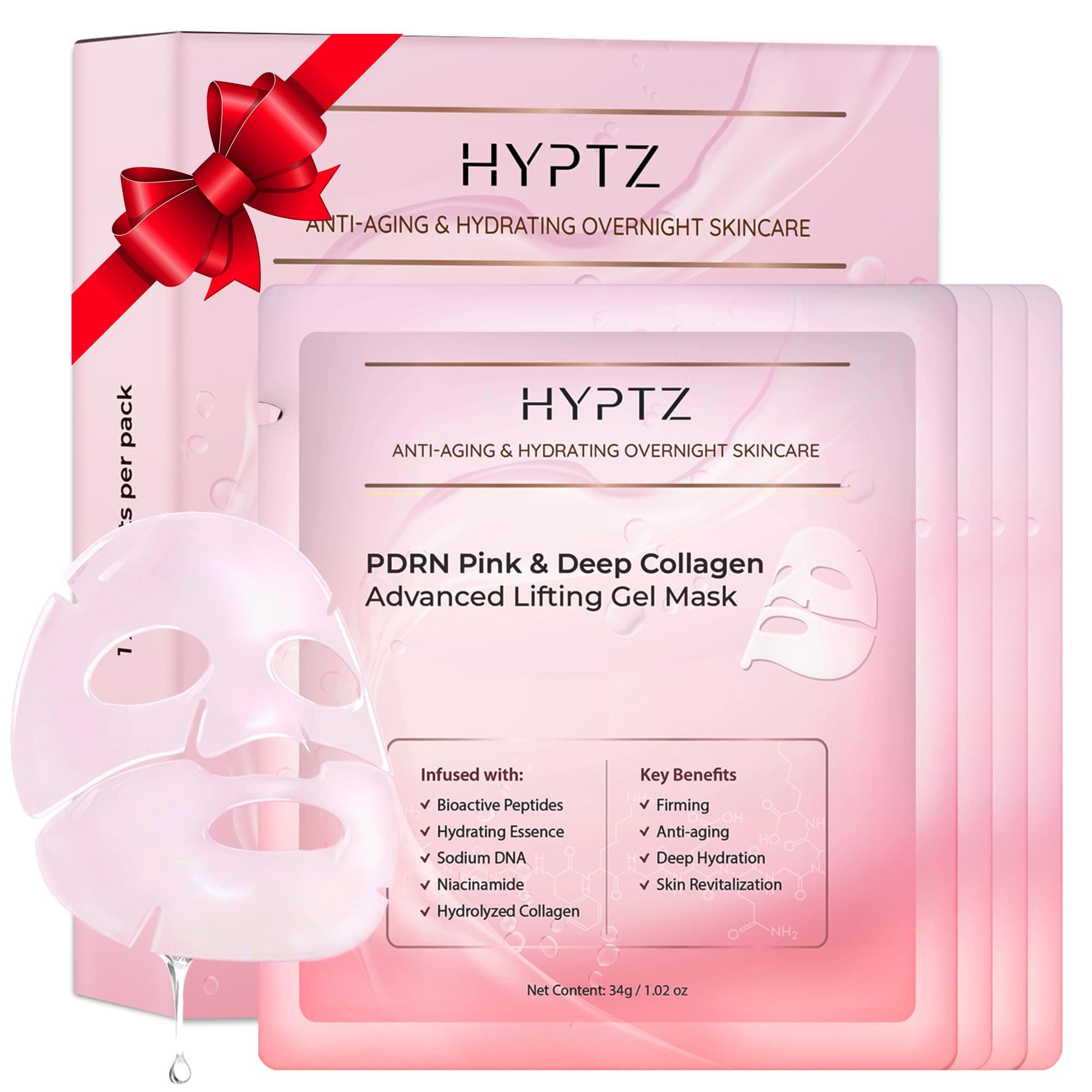 Salmon DNA PDRN Collagen Face Mask – Korean Face Mask for Glass Skin – Collagen Face Masks Skincare Overnight Hydrogel – Firming, Hydrating Face Masks, Pink Collagen Mask 4-Pack