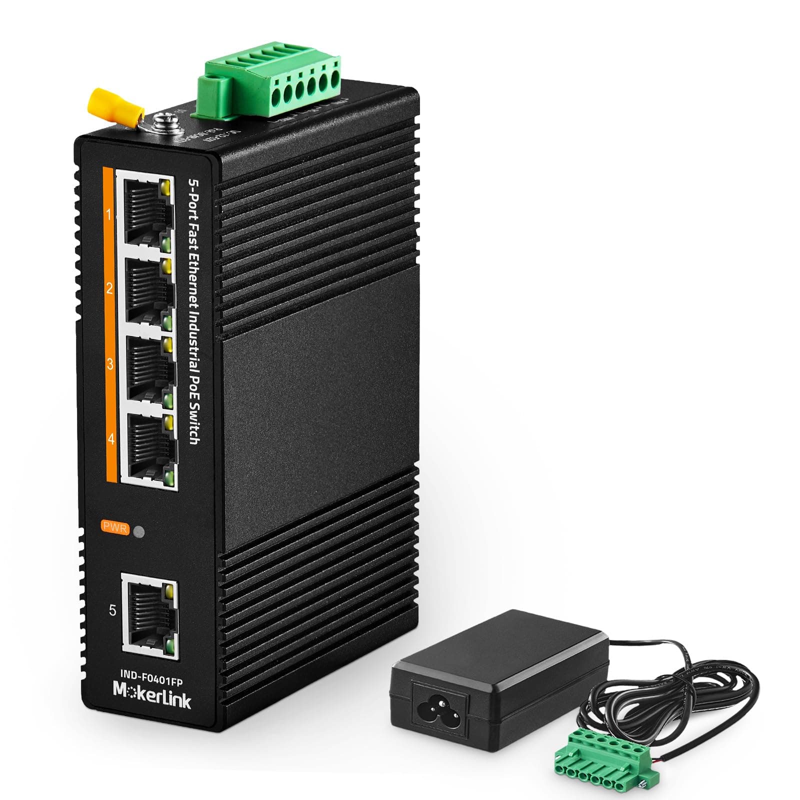 MokerLink 5 Port PoE Industrial DIN-Rail Network Switch, 60W IEEE802.3af/at PoE Power, 10/100Mbps Fast Ethernet, IP40 Rated Network Switch (-40 to 185°F), with UL Power Supply