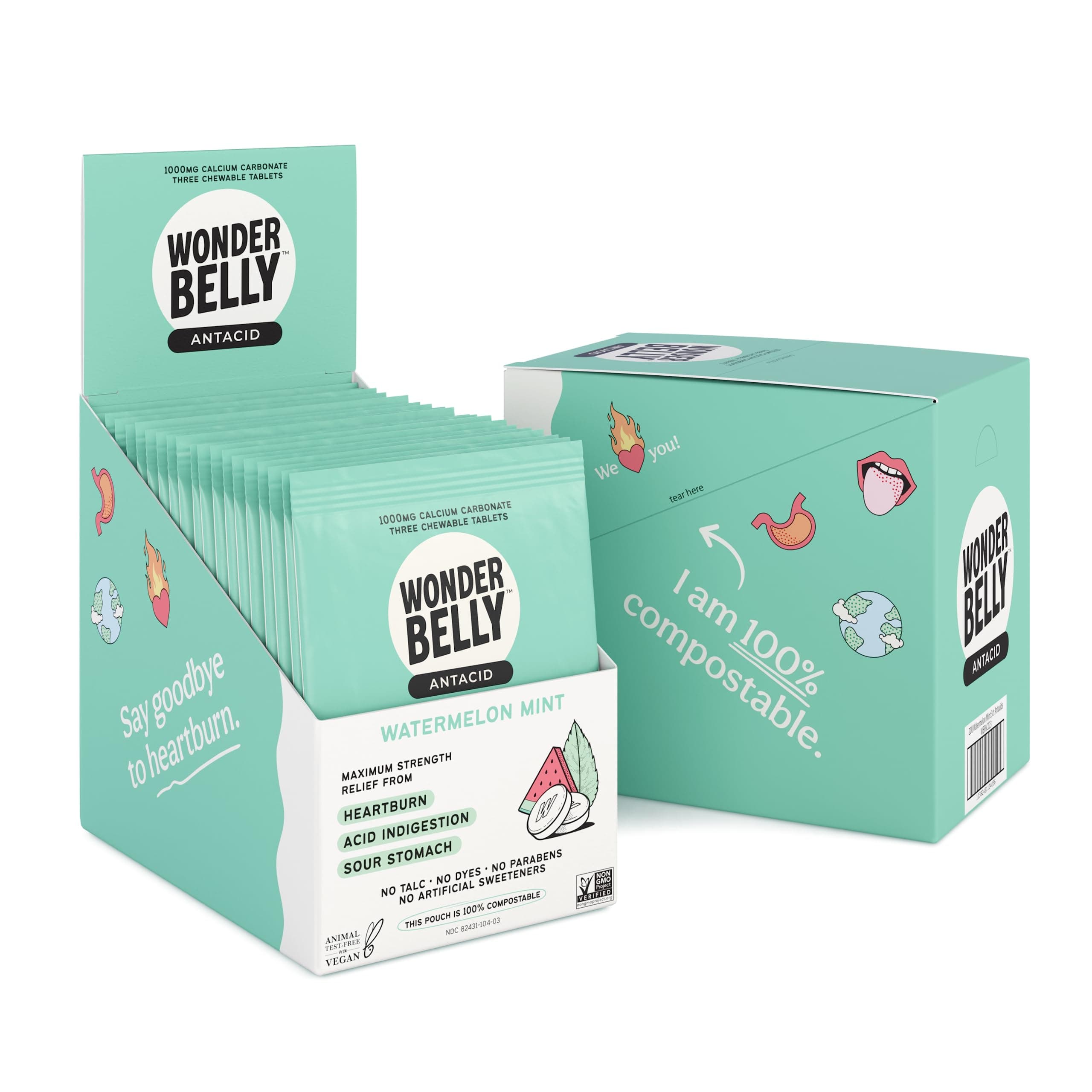 Wonderbelly Antacid, Effective Heartburn and Instant Acid Indigestion Relief, Extra Strength Chewable Tablets, 1000 mg Calcium Carbonate, Watermelon Mint, 20 Count Bachelor & Bachelorette Party Packs