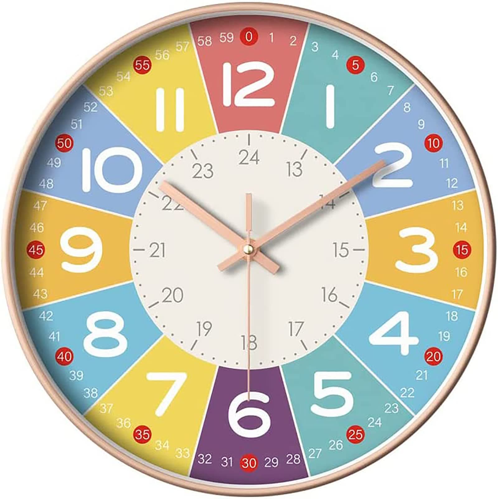 Silent Wall Clocks for Kids, Modern Non-Ticking Children Round Movement Wall Clock Quartz Decorative Clocks Classic Large Number Colorful Clock for Bedroom Home Kitchen Room Office School
