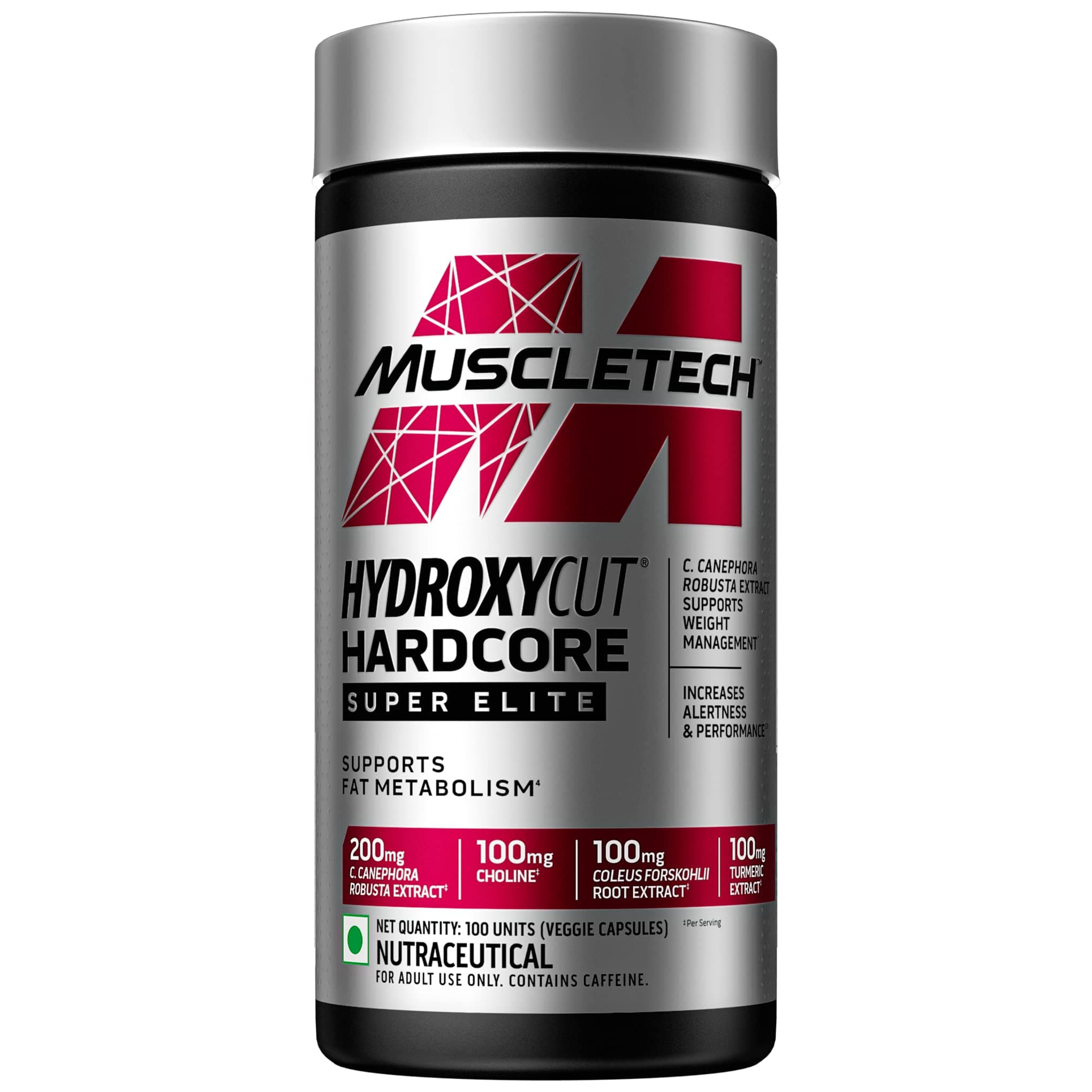 Hydroxycut Hardcore, Super Elite, Supports Fat Metabolism - Pack of 100 Veggie Capsules, 170 grams