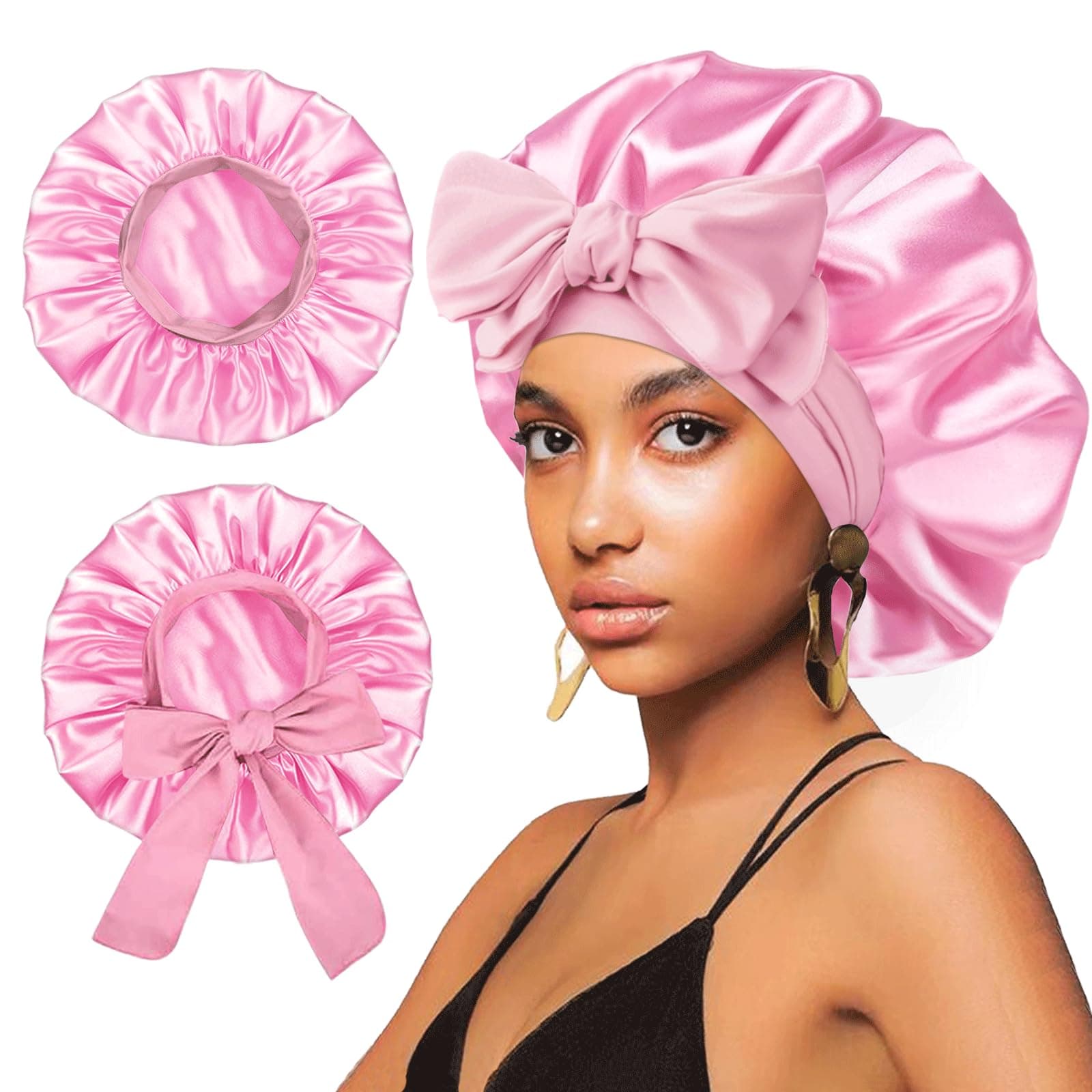 2Pcs Satin Silk Hair Bonnet for Sleeping Women,Large Bonnets with Elastic Wide Tie Band Silk Sleep Cap,Hair Wrap Night Cap with Adjustable Straps for Black Women Curly Hairs Jumbo Bonnet Braid - Pink