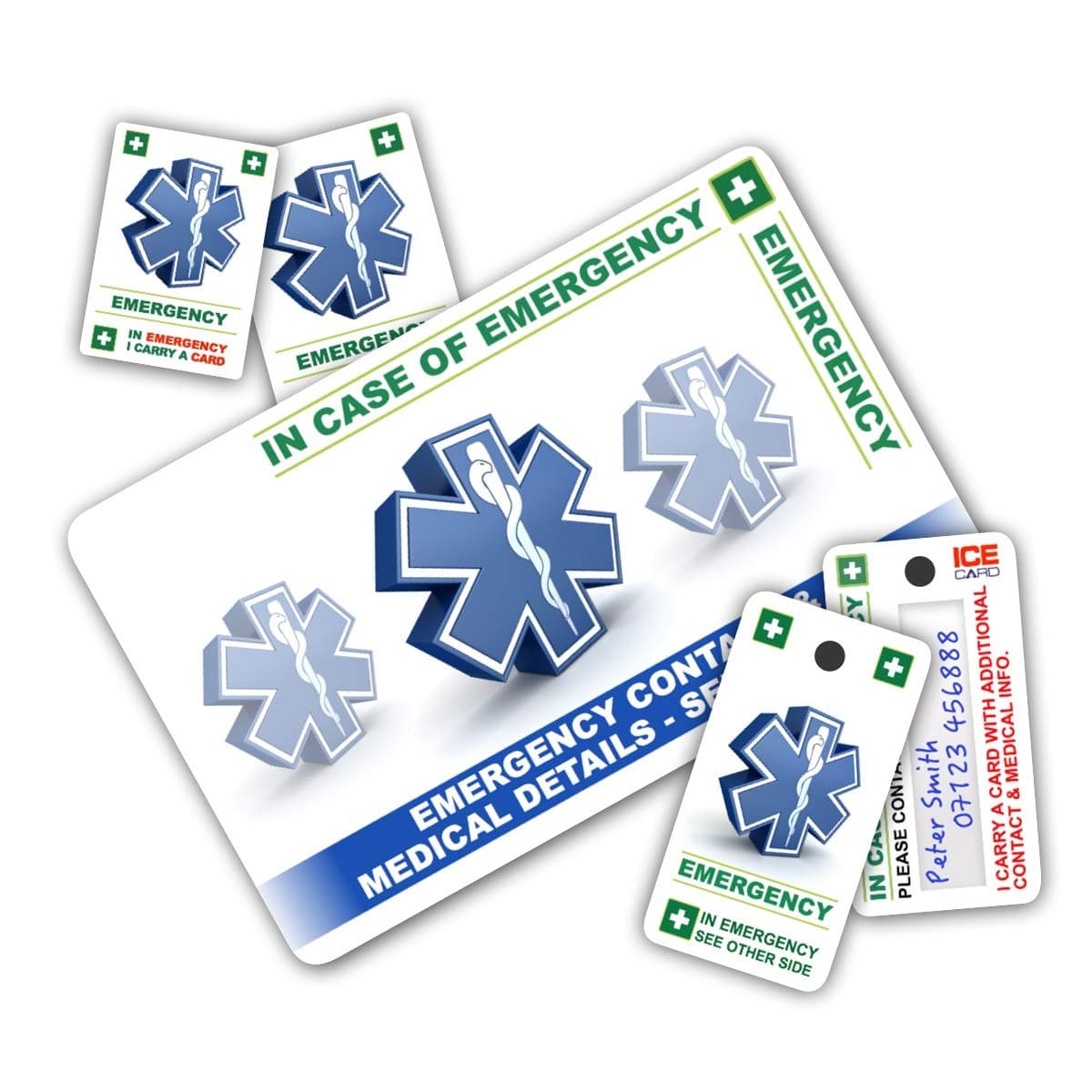 Emergency Contact Card Pack - ICEcard STANDARD Health & Safety In Case of Emergency (I.C.E.) ICE Card Pack with 1 Card, 2 Key Rings & 2 Stickers.