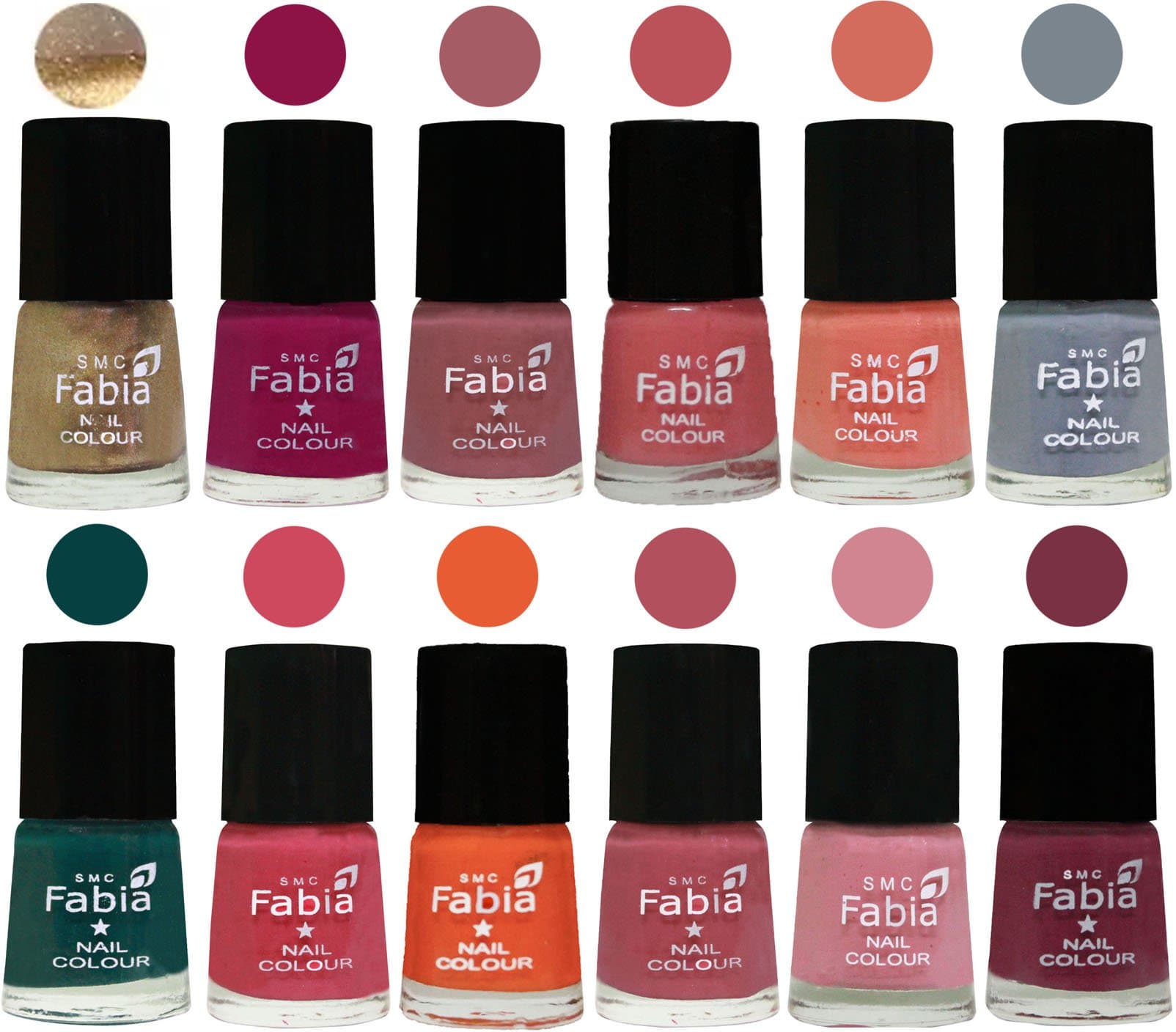 Fabia Matte Nail polish Combo of 12 Shades-Golden::Raspberry::Lip::Bazooka Joe::Light Peach::Wild Gray Yonder::Dark Green::Shock Pink::Sour Orange::Mauve Pink::Rose::Plum