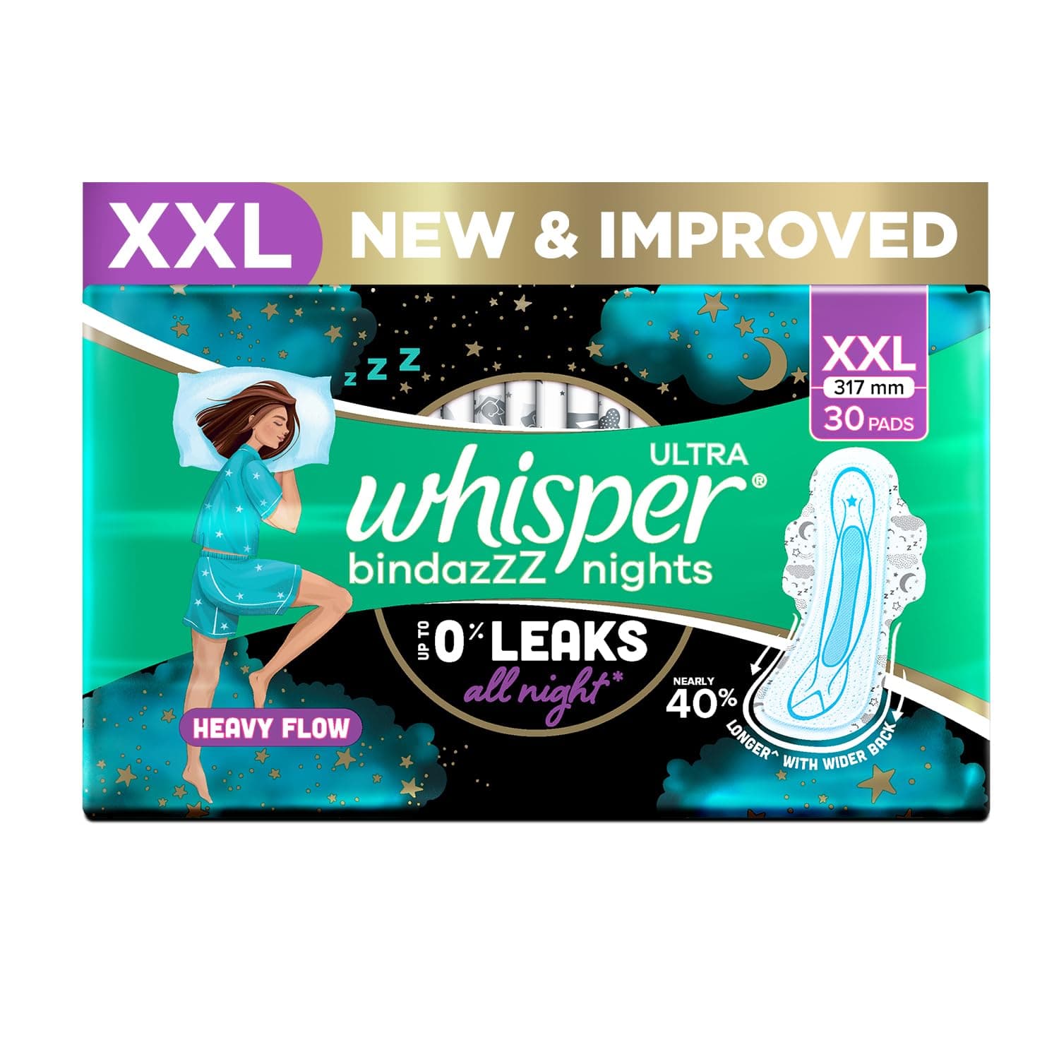 Whisper Bindazzz Nights 30 XXL Sanitary Pads, Upto 0% Leaks All Night Long, For Heavy Flow, Nearly 40% Longer with Wider Back, Active odor lock so you feel fresh, Disposable Wrapper
