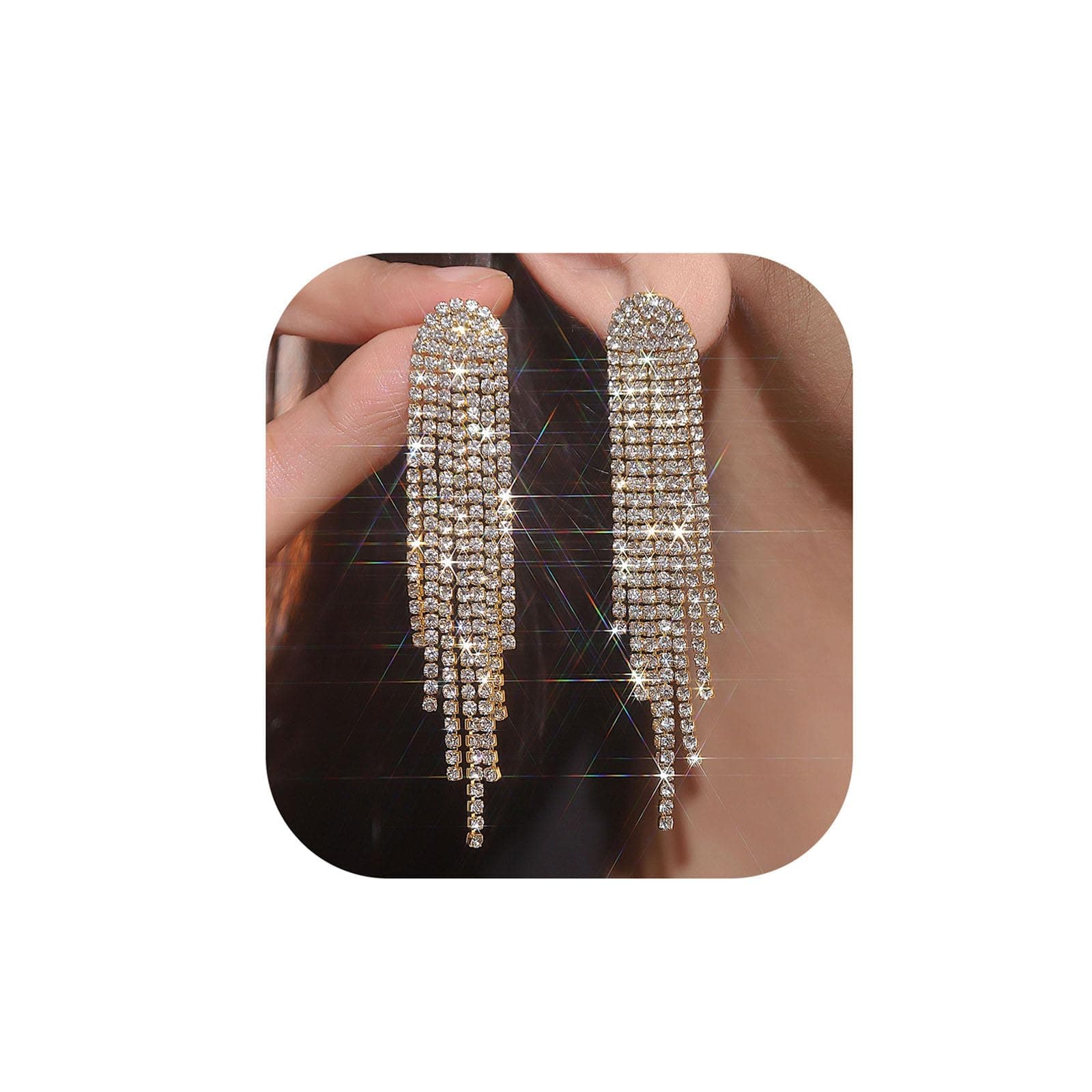 Rhinestone Tassel Earrings Sparkly Long Fringe Crystal Chandelier Dangle Drop Earrings Wedding Party Prom Earrings Premium Iridescent Earrings Wedding Party Jewelry Gifts for Women