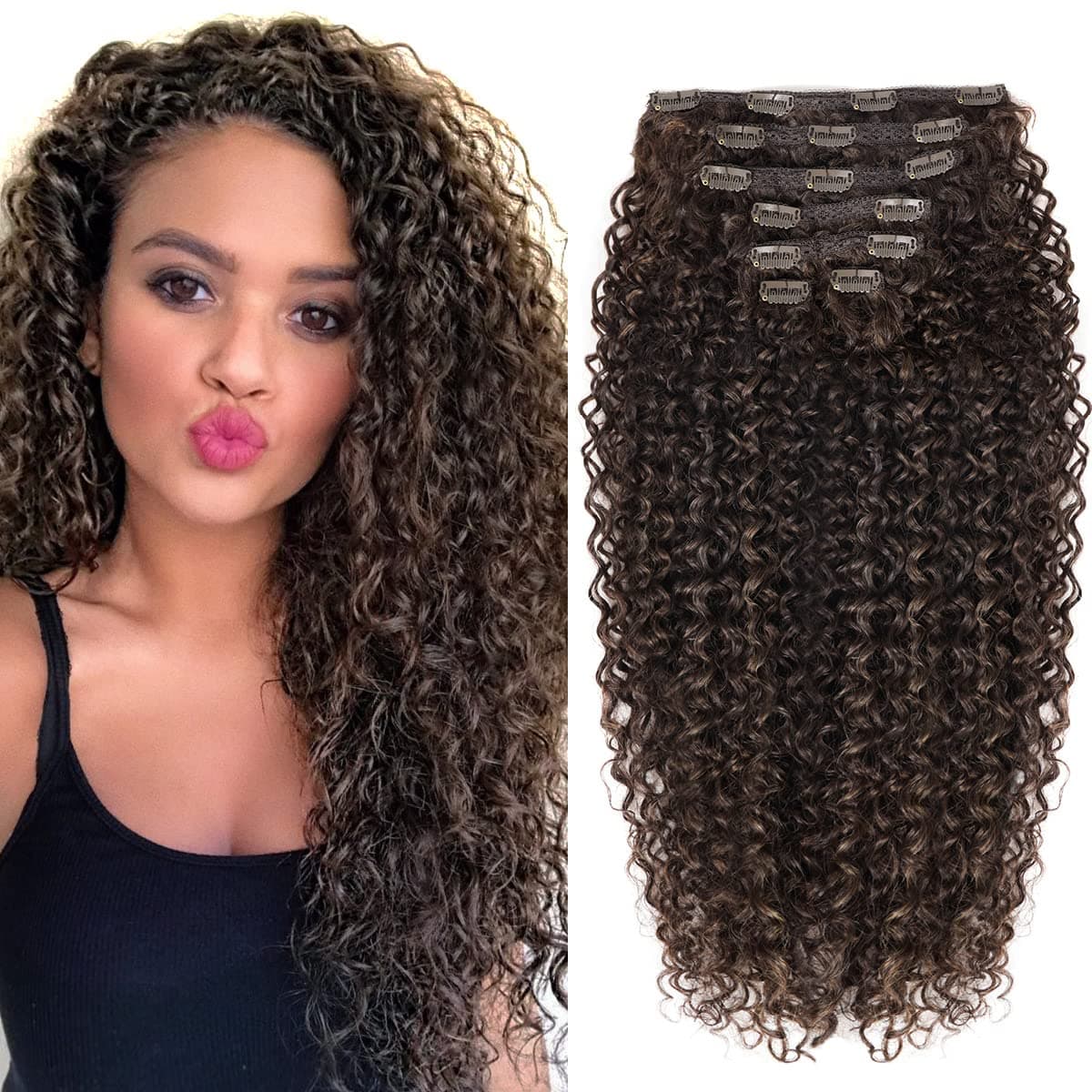 BHF 26 inch Kinky Curly Clip In Hair Extension, Double Weft Full Head Japanese Heat Resistance Fiber 140g Synthetic Hair Extensions For Women 7pieces (#MP4-27-30)