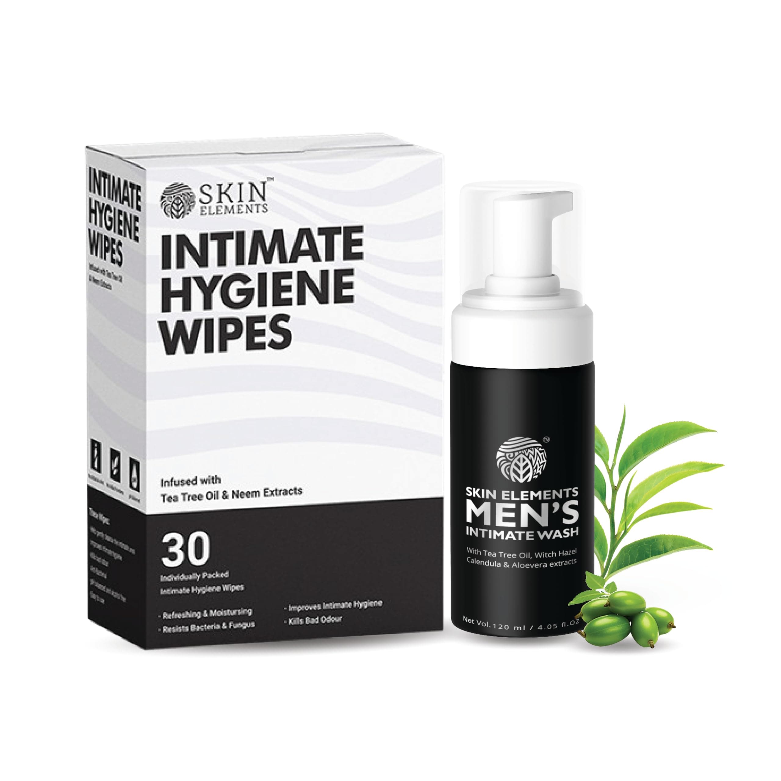 Intimate Hygiene Combo| Intimate Wash Men 120 ml+Intimate Wipes 30 Individual Sachets With Tea Tree & Neem Extracts - pH Balanced Foaming Wash Controls Odor
