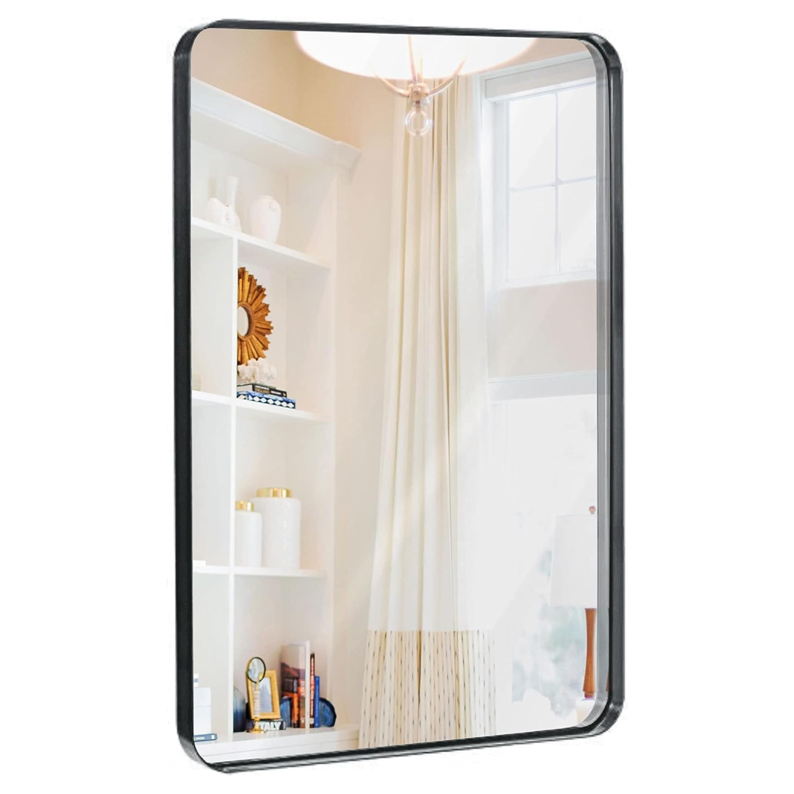 Hamilton Hills 24" x 36" Contemporary Metal Silver Framed Polished Rectangular Wall Mirror | Glass Panel Rounded Corner Deep Set Design |Bedroom, Bathroom Mirrored Hangs Horizontal or Vertical