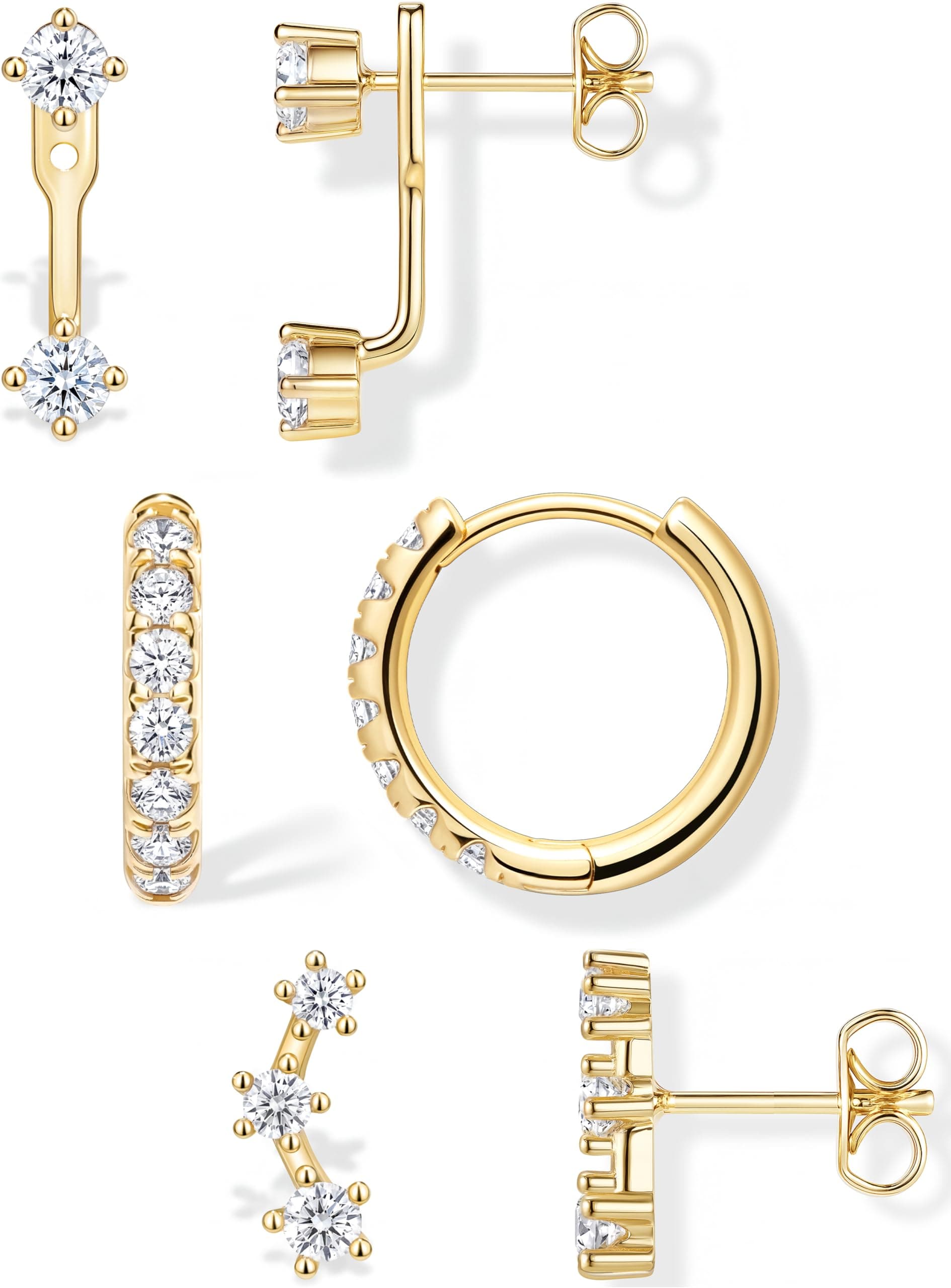 3 Pairs Dainty Small Earrings for Women Trendy, Birthstone Stud Huggie Hoop Jacket Stack for Cartilage Helix, Gold Plated Hypoallergenic Cute Women Fashion Accessories Western Jewelry Gifts