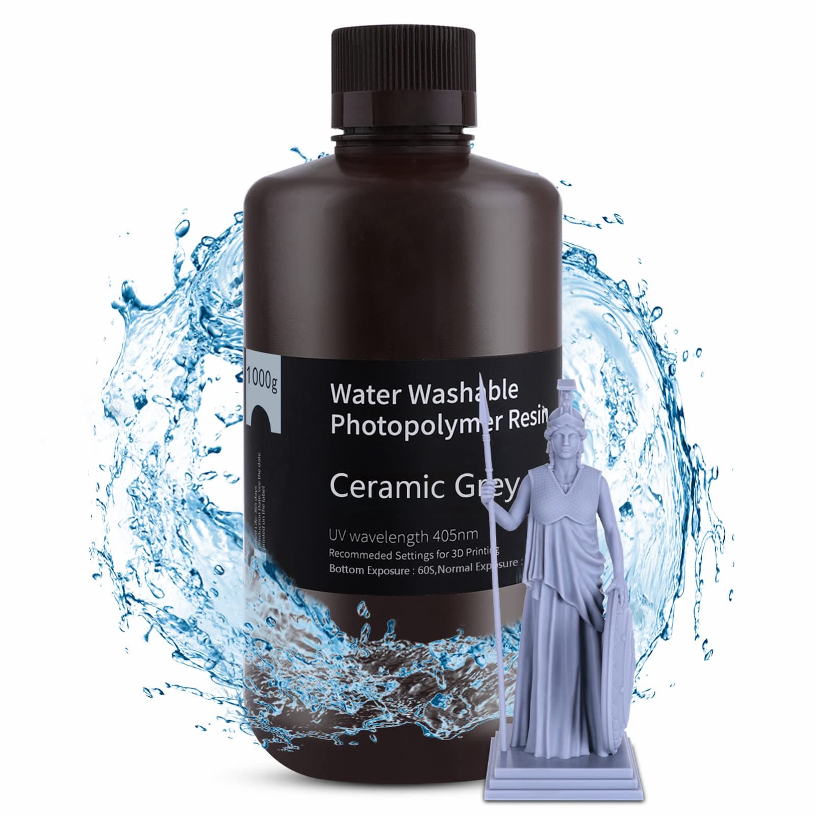 3D Resin, Grey 1000g, Water Washable, Fast Curing, High Precision, Low Shrinkage, Compatible with LCD 3D Printers