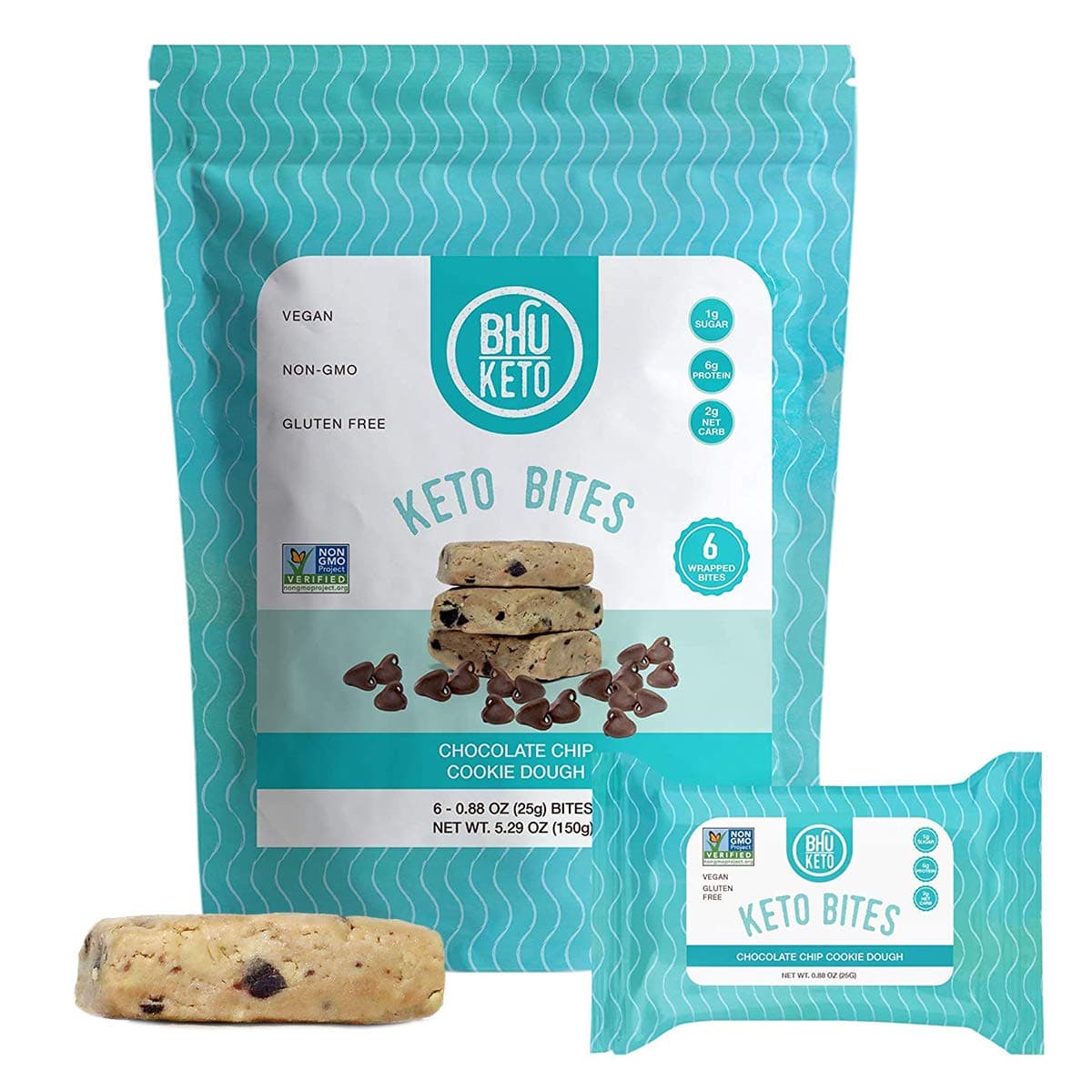 BHU Keto Bites - 1g Net Carb, 1g Sugar - Organic Keto Snack made with Clean, Gluten Free Ingredients - 6 Individually Wrapped Snacks per Bag (Chocolate Chip Cookie Dough)