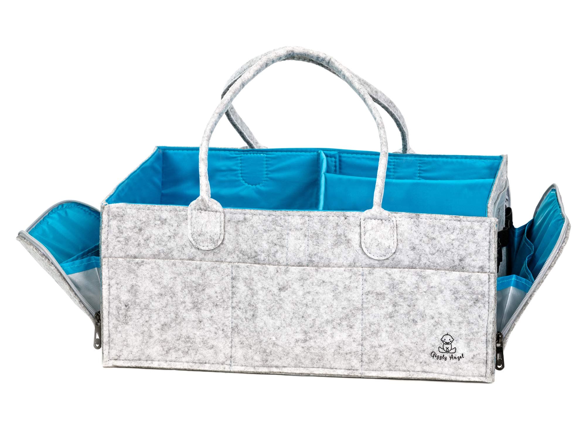 Baby Diaper Caddy Organizer - Extra Large Waterproof Baby Nursery Organizer Bin with 2 Zipper Side Pockets, Portable Foldable and Customizable Baby Storage Basket - Giggly Angel