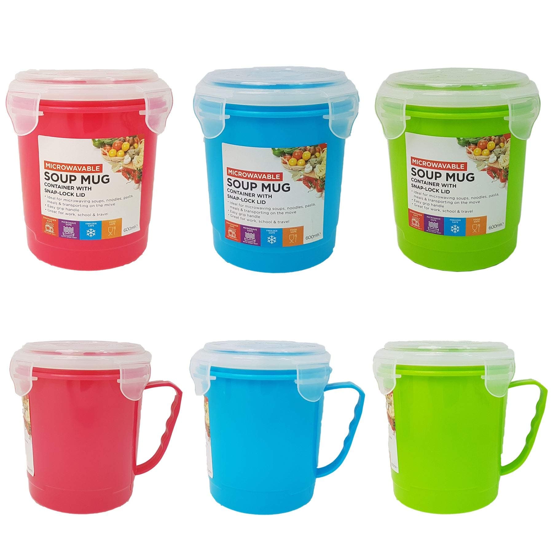 Handy Helper Set of 3 Microwavable Multicolor Plastic Soup Mugs with Snap-Lock Lid