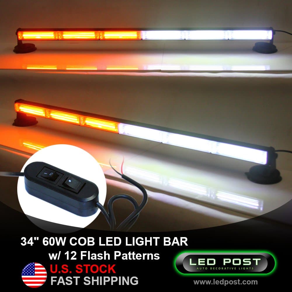 34" Amber White 60W Watts COB LED Emergency Alert Hazard Warning Security Strobe Slim Light Bar Rooftop Suction Magnet, Tow Truck Vehicle Law Enforcement Flashing