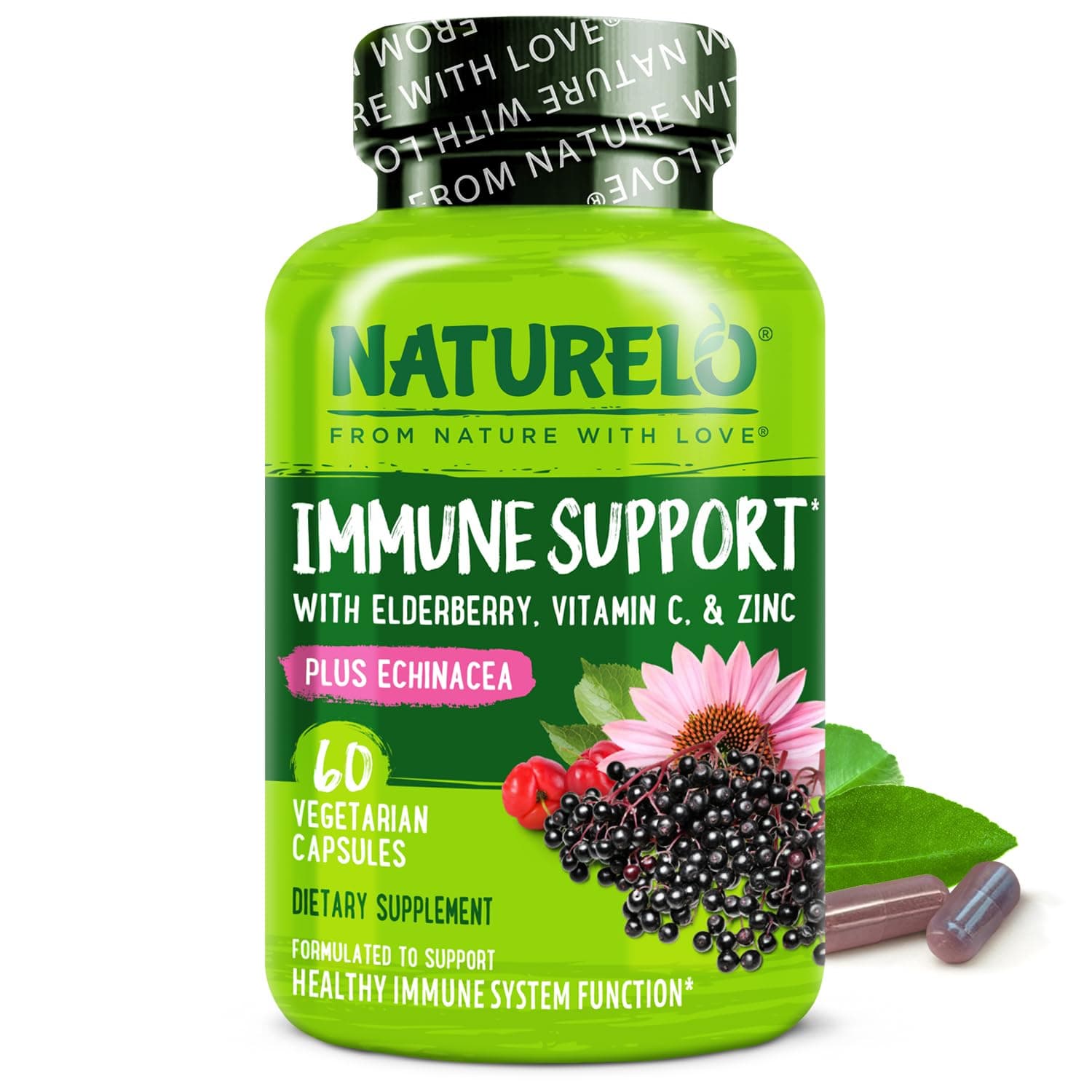 NATURELO Immune Support – Vitamin C, Elderberry, Zinc, Echinacea – Natural Immunity Boost with Antioxidant, Herbal & Mineral Defense - 60 Vegan Capsules