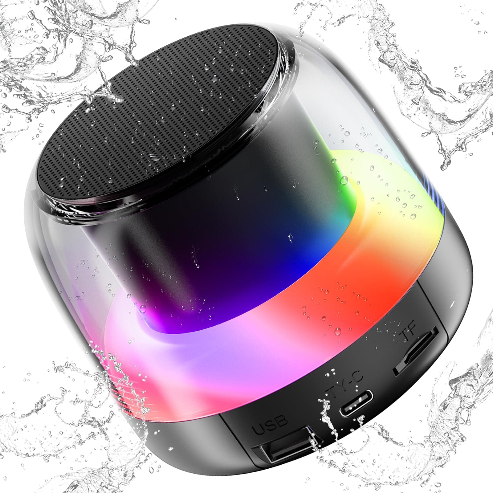 Bluetooth Speaker with Stereo Bass, Portable Speakers Bluetooth Wireless V5.3 with RGB Lights, TF-Card USB, Double Pairing, 4H Playtime, IP7 Waterproof Speakers for Travel Party Home Theater Outdoor