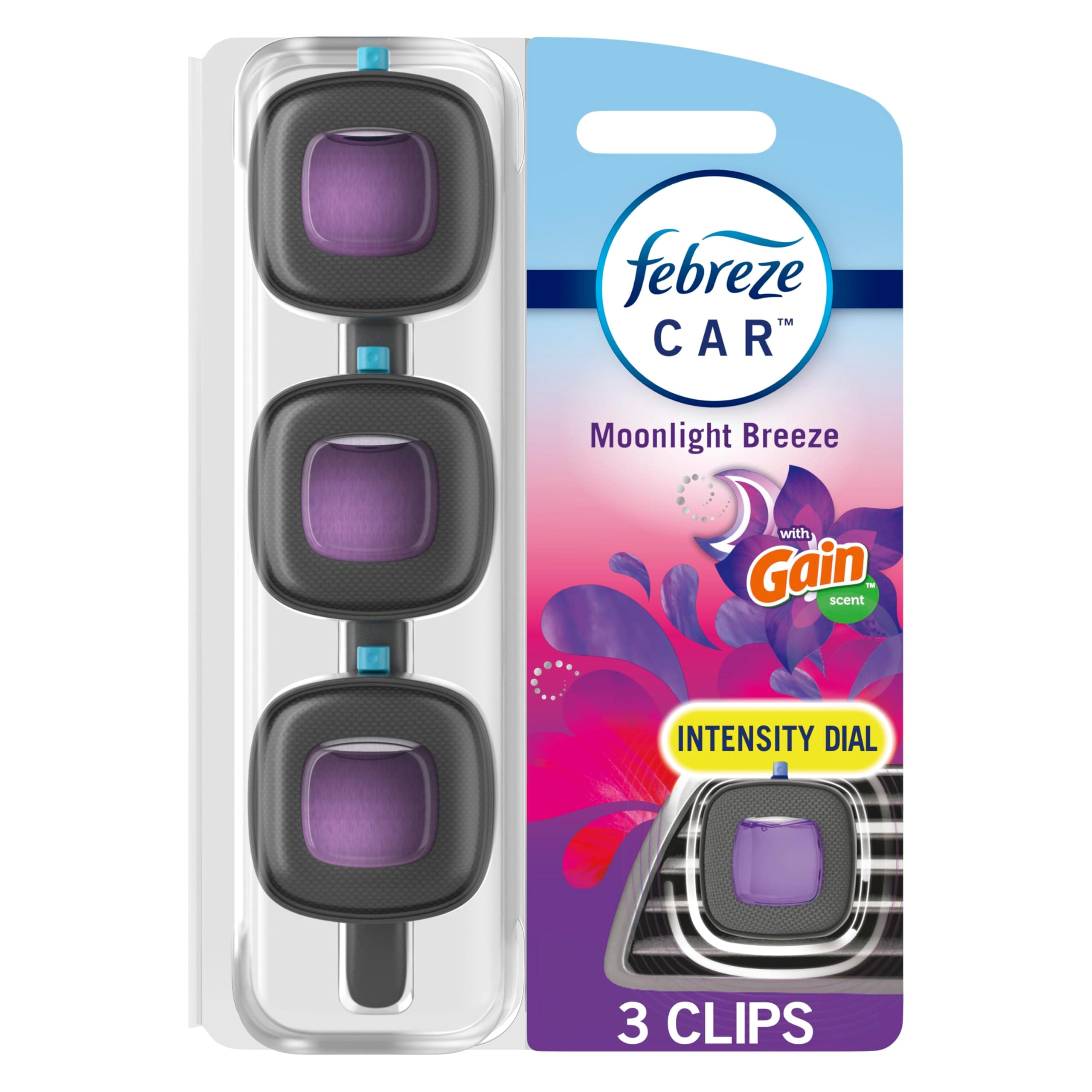 Febreze Car Air Freshener Vent Clip Gain Moonlight Breeze Scent, .07 oz. Car Vent Clip, Pack of 3 and Stay-Fresh Storage Case