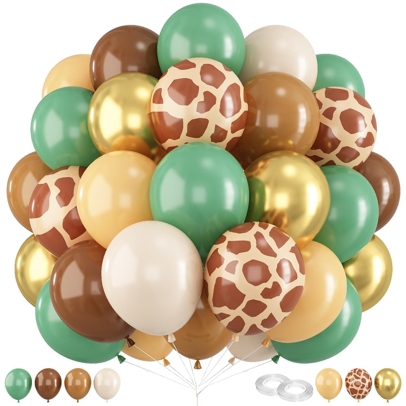 PFUTURE 60Pcs Jungle Safari Balloon Set - Sage Green, Brown, Gold, Cream, Avocado, and Apricot 12 Inch Balloons for Boys' Woodland Animal Baby Shower or Birthday Party Decorations(Green Brown Apricot)