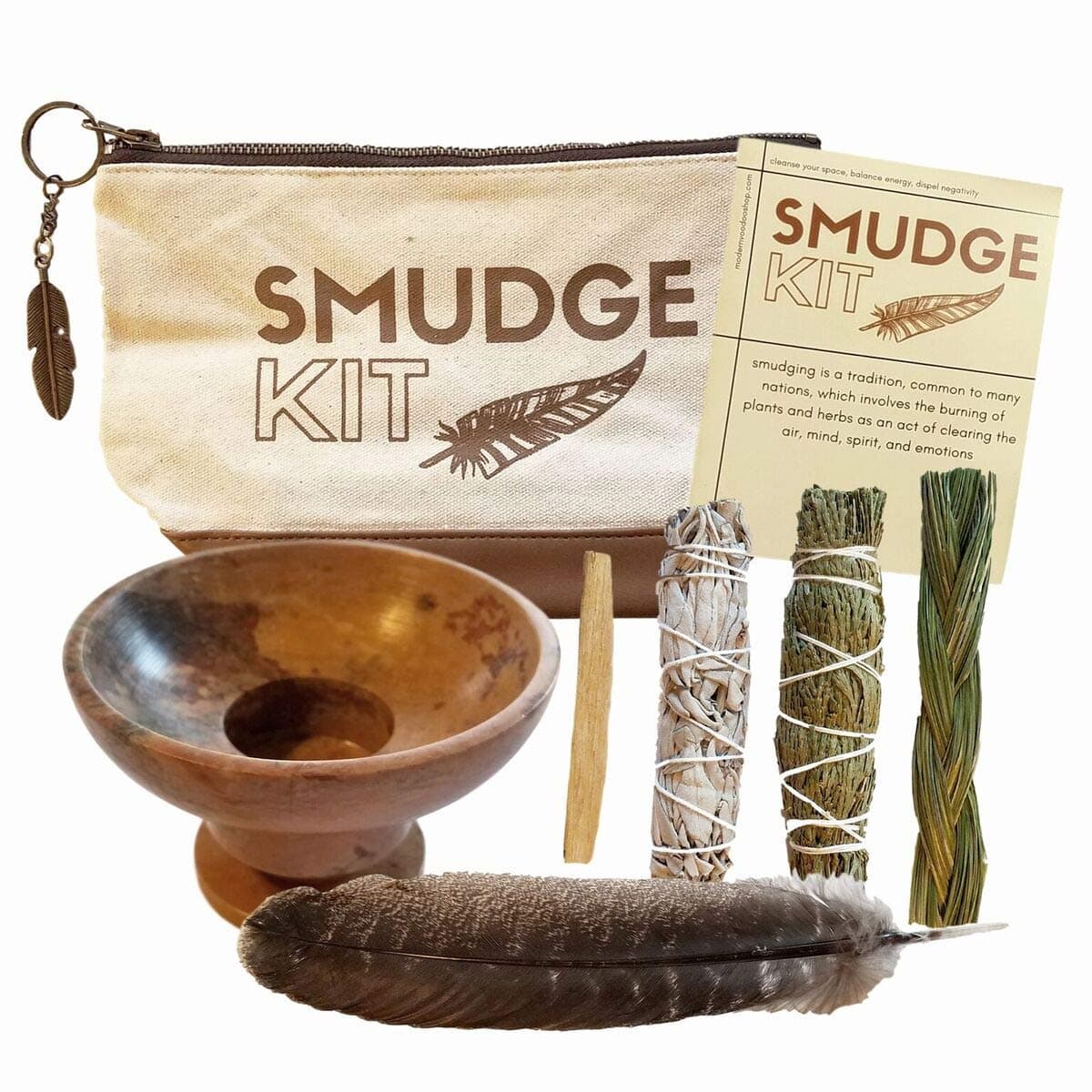 Smudging Kit | Travel Gift Set | for Beginners, Space Clearing, House Blessing | Palo Santo Stick, Cedar, White Sage Smudge Stick, Sweetgrass, Smudging Turkey Feather, Soapstone Smudge Bowl | Variety
