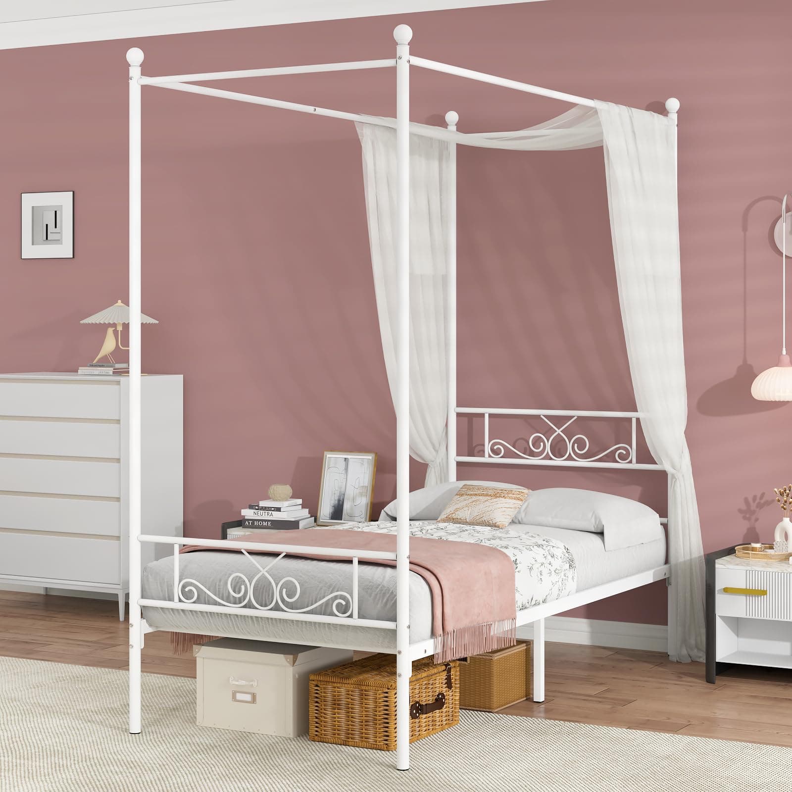 Weehom Twin Canopy Bed Frame with Headboard and Footboard, 4 Posters Metal Bed Frame, No Box Spring Needed, Mattress Foundation Platform Bed for Kids and Adults, White