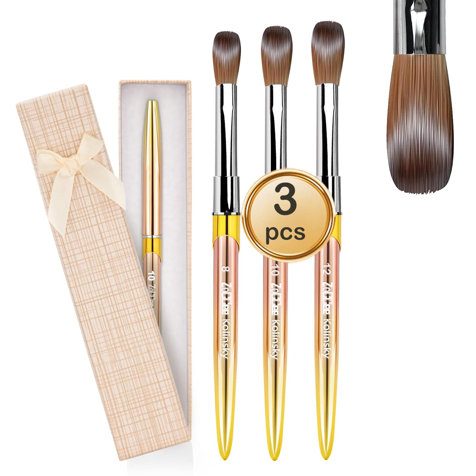 3Pcs Acrylic Nail Brush - Size #8#10#12-100% Kolinsky Nail Brushes for Acrylic Application (Gold)
