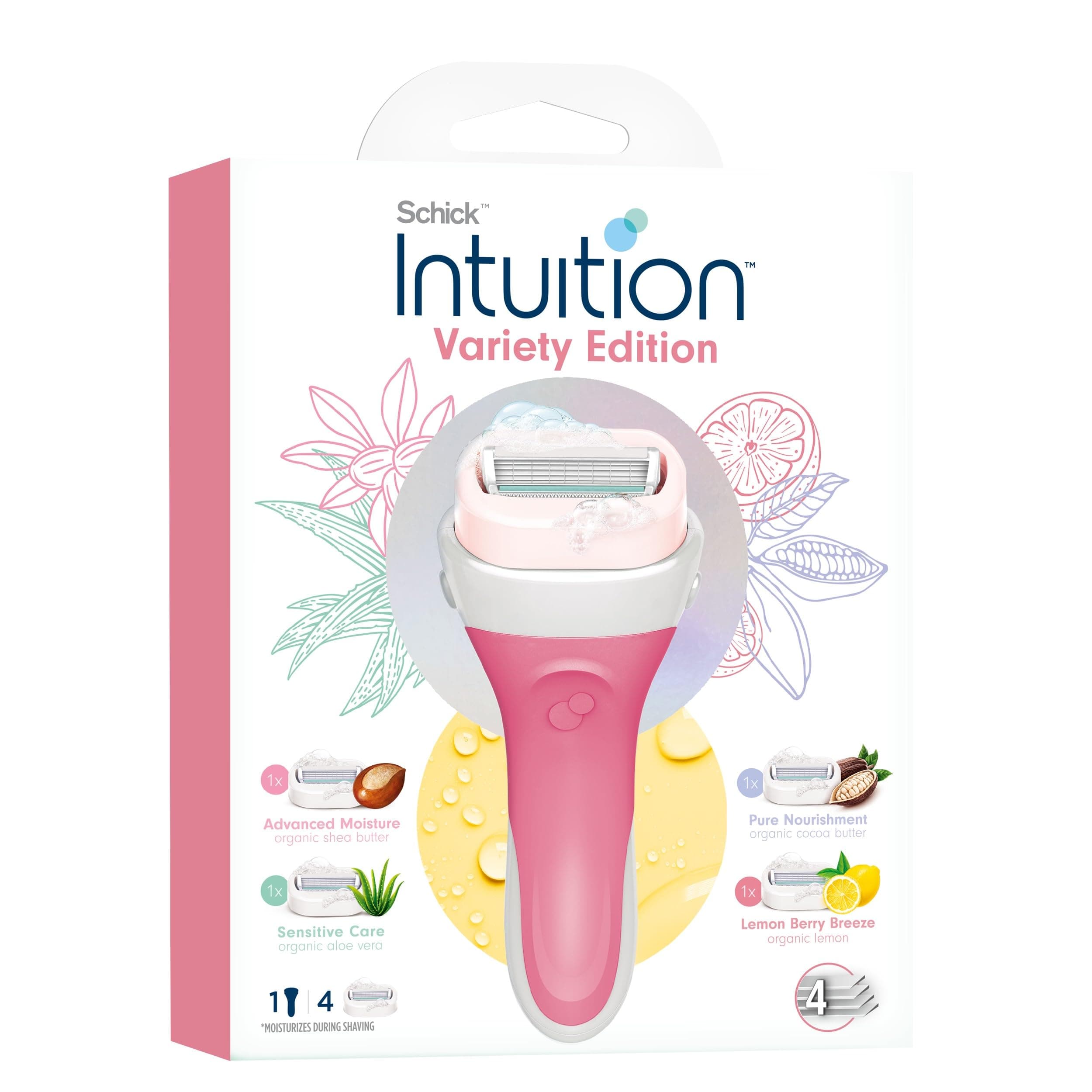 INTUITION Kit 4 Value Pack Razor for Women,2 in 1 Lathers & Shaves in one Step,Include 1 handle & 4 refills,Organic Aloe+ Vitamin E, Shea Butter,Coconut milk & Almond milk,.Pomegranate Extract