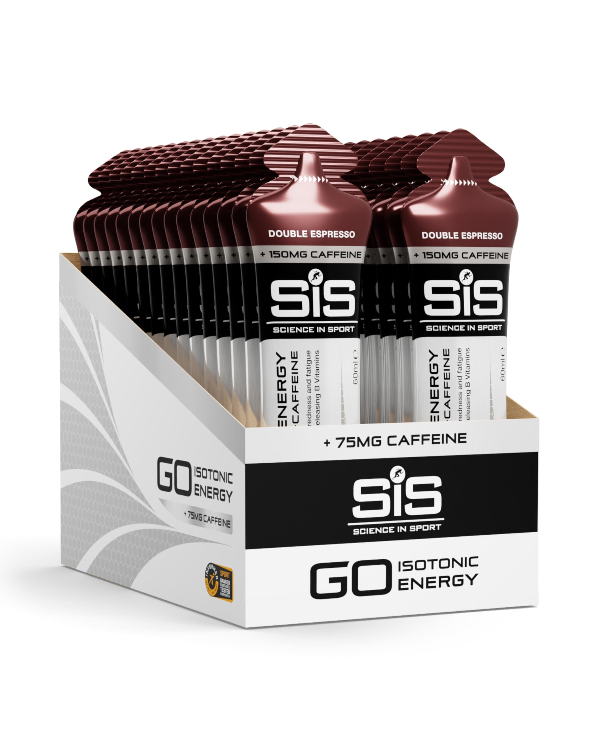 Science In Sport GO Isotonic Energy Gels | 150mg Caffeine | 22g Carbohydrates | Low Sugar | Easily Digestible | Gluten Free | No Water Needed | Running Gels | Double Espresso Flavour | 30 Pack