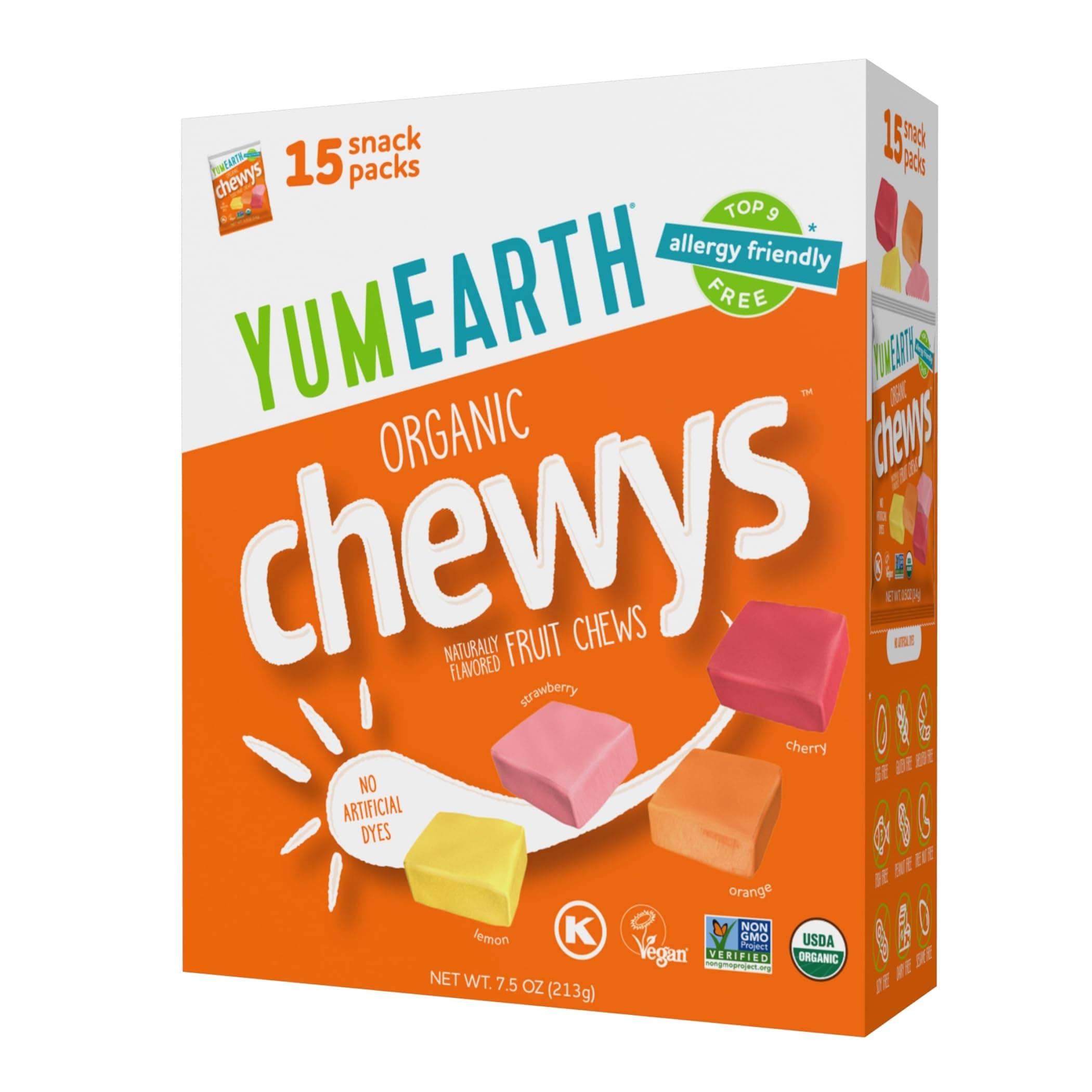 Organic Chewys Fruit Flavored Candy Chews - Allergy Friendly, Gluten Free, Non-GMO, Vegan, No Artificial Flavors or Dyes - Assorted Flavors, 7.5 oz.