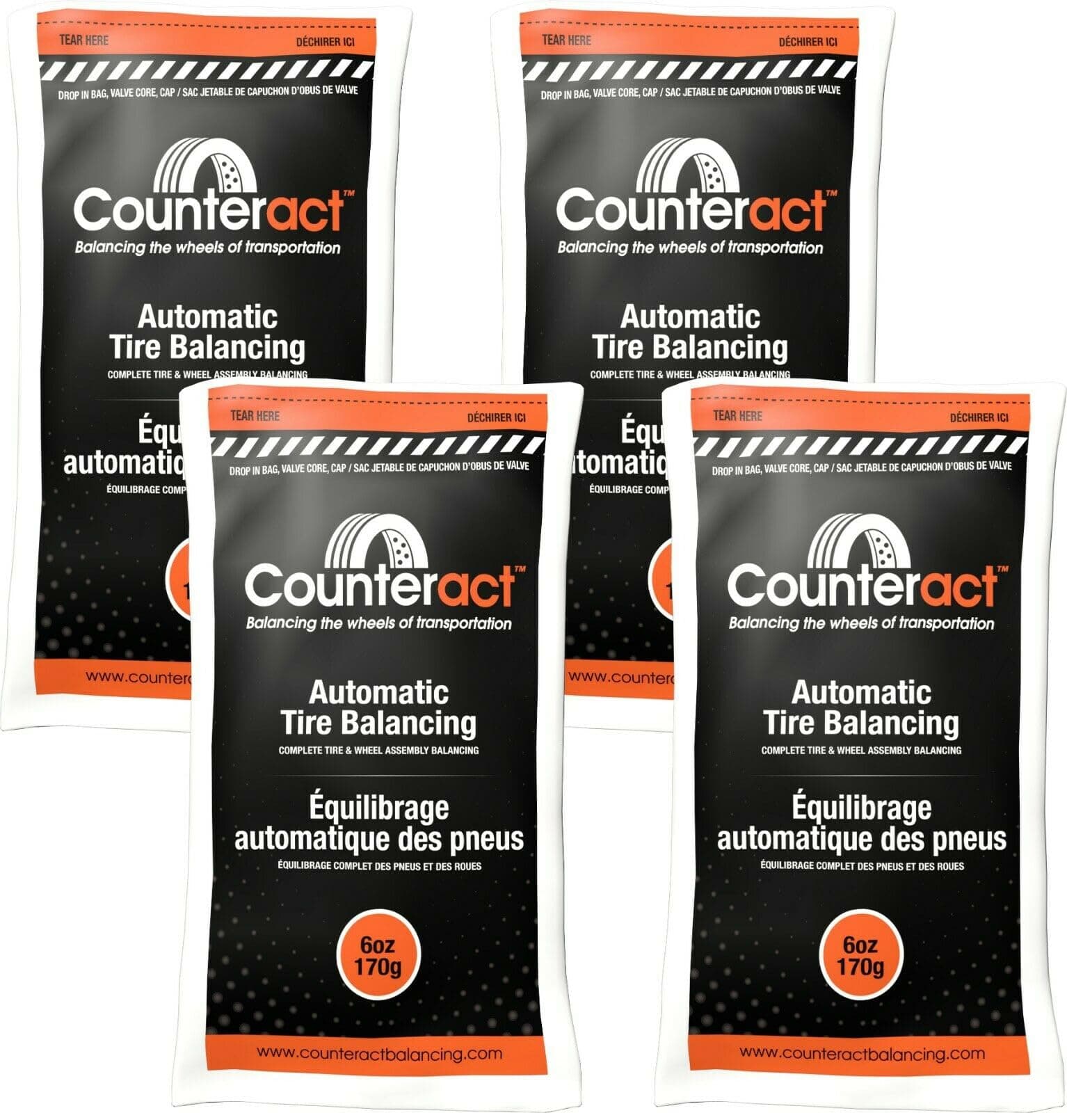 Counteract 6OZ-B4 Centrifugal Force Tire/Wheel Balancing Beads - Off-Road Vehicles, Light Duty Truck Tires, (4) 6oz Balance Bead Bags, (4) Valve Caps and Cores