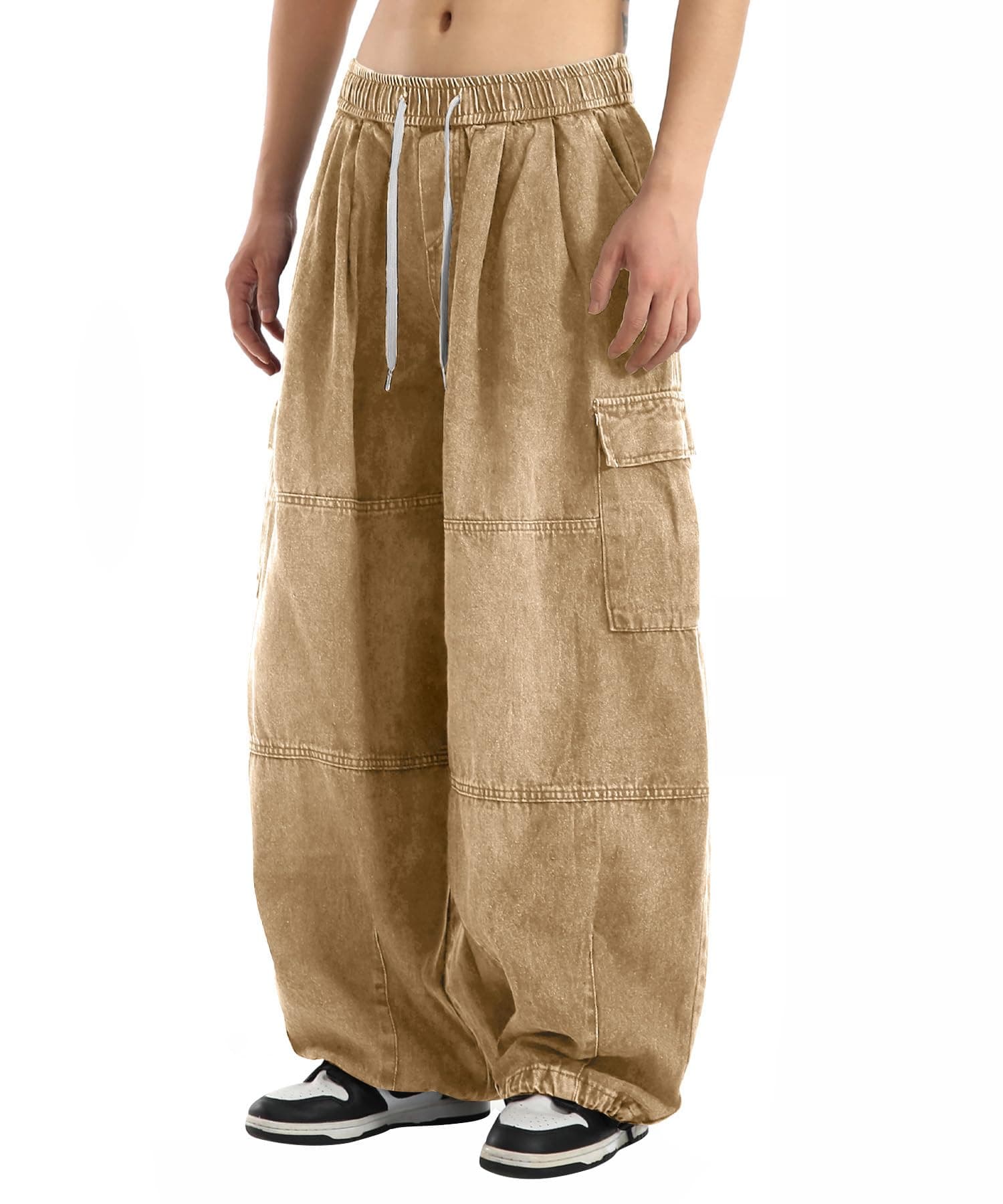 Bakyarder Men's Vintage Washed Cargo Jeans, High Waist, Baggy Wide Leg, Unisex Streetwear with Multiple Pockets