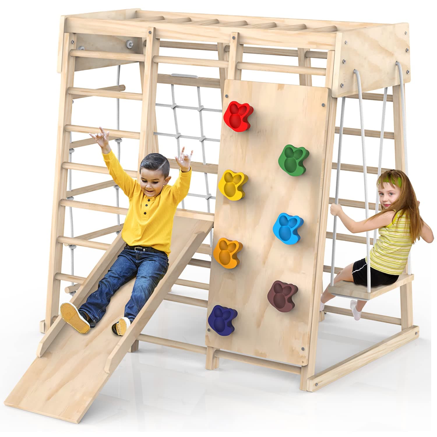 PROY Indoor Jungle Gym, Toddler Climbing Toys Indoor, Indoor Playground Climbing Toys for Toddlers, Climber Playset with Slide, Climbing Rock/Net, Monkey Bars, Drawing Board, Abacus Game and Swing