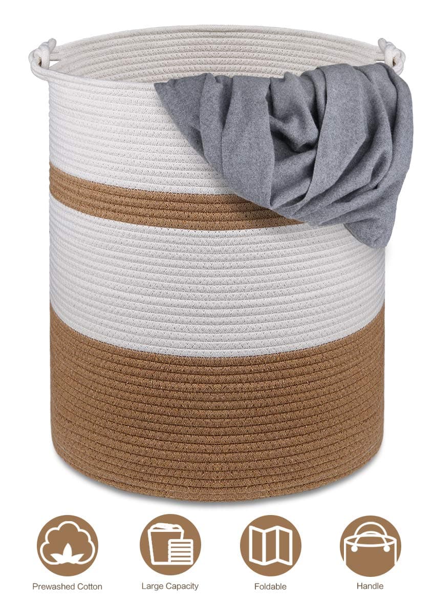 YouJia Extra Large Cotton Rope Basket 18"x16", Woven Baskets for Storing Blankets, Towels, Toys, Diapers, Books, Yoga mats, Coiled Round White - Brown Laundry Hamper with Handles