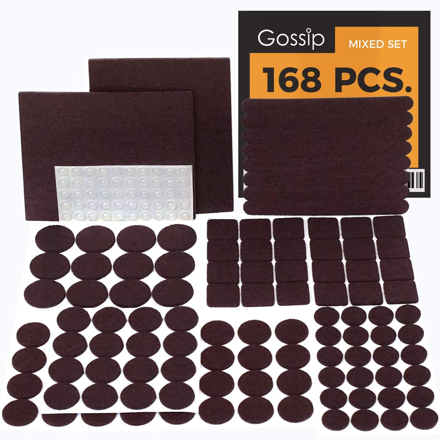 GOSSIP Furniture Felt Pads Brown - 168 Pcs Set Value Pack, Heavy Duty Adhesive Felt Pads for Furniture Feet, Chair Leg Sliders, Assorted Sizes with Noise Dampening Bumpers