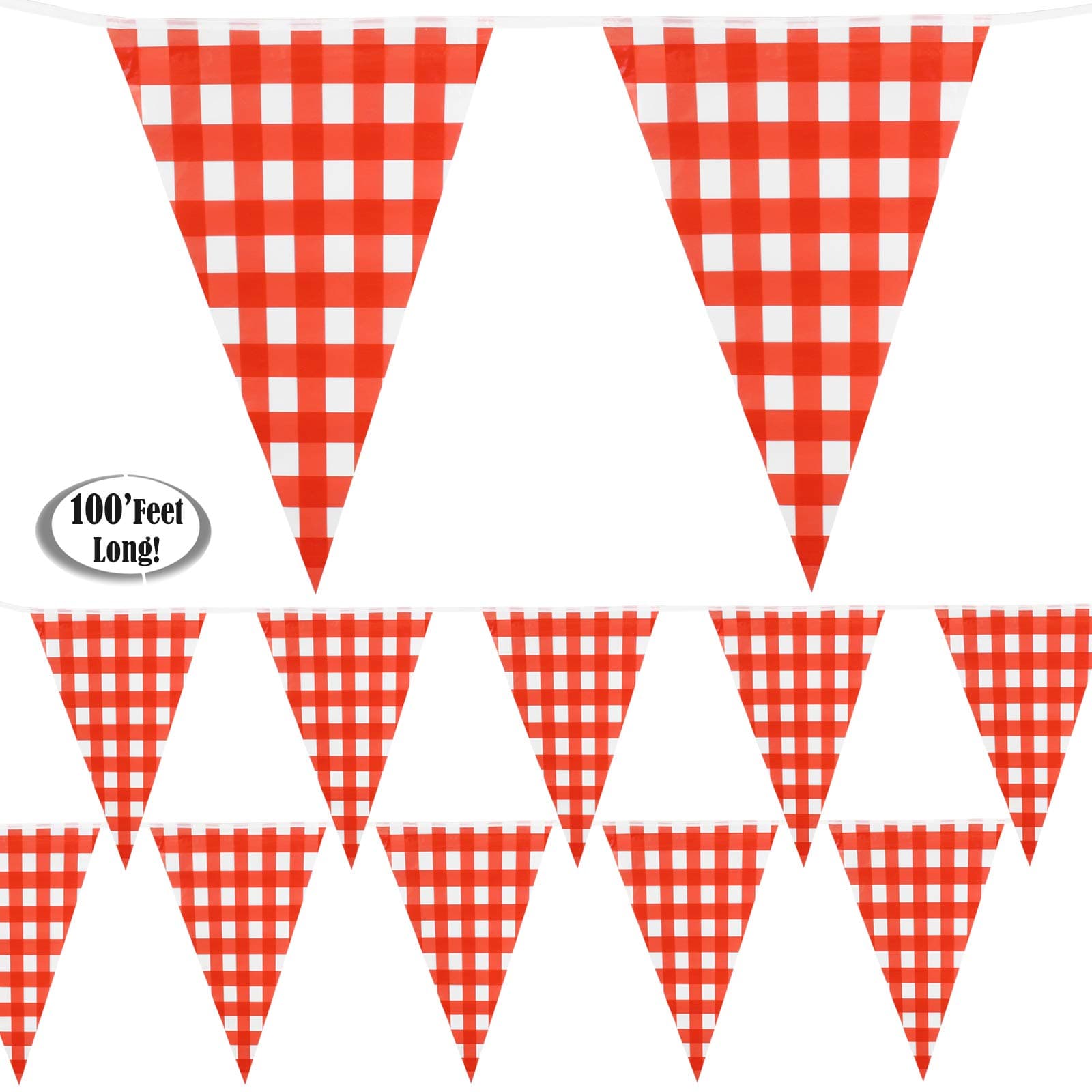 Anapoliz Red Checkered Banner 100’ Feet Long | Gingham Pennant Flags | Red and White Checkered Pennant Banner | Carnival, Picnic, Party Red Checkered Flags |