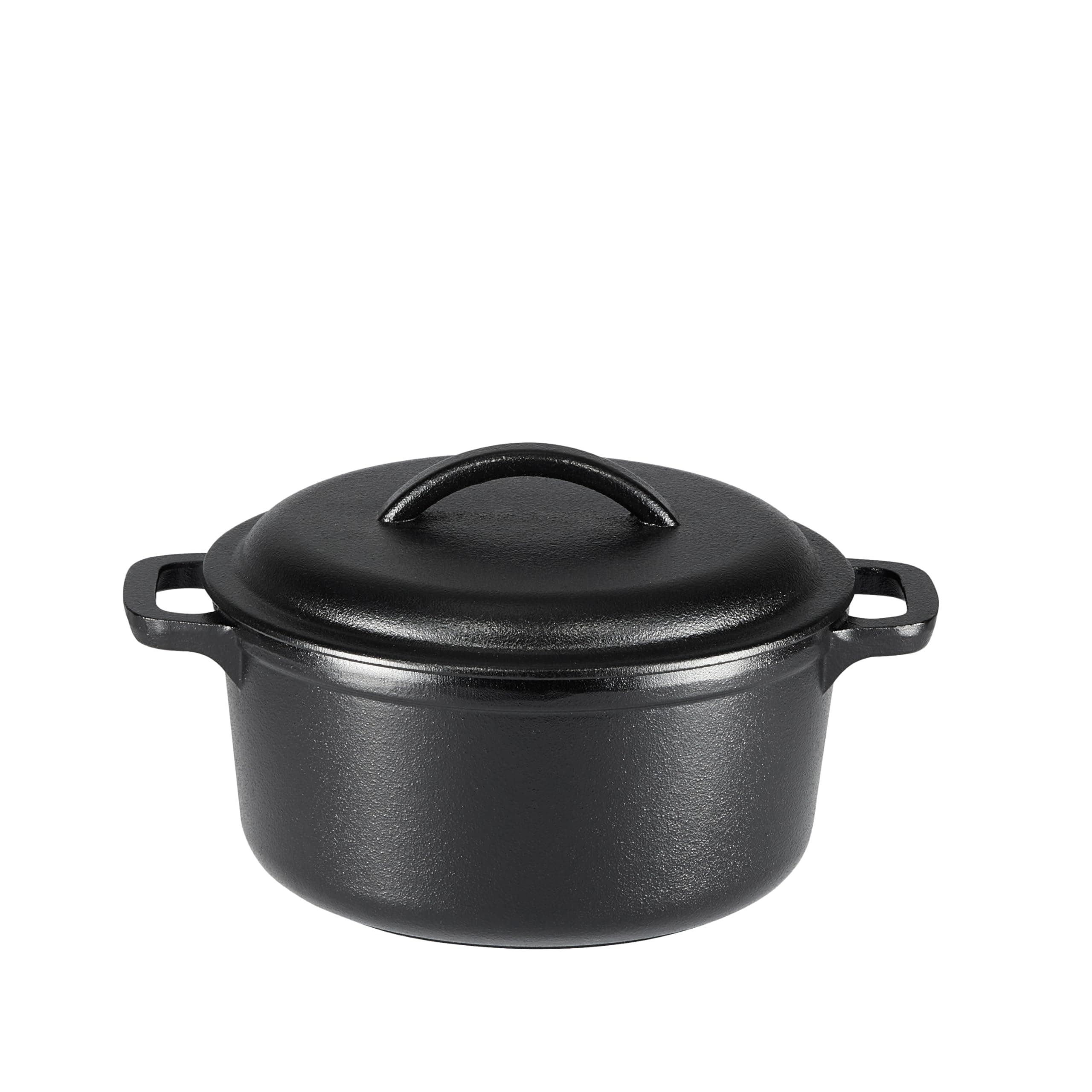 - Amazon Basics Pre-Seasoned Cast Iron Mini Dutch Oven Pot with Lid and Dual Handles, Oven Safe, 2-Quart, Round, Black