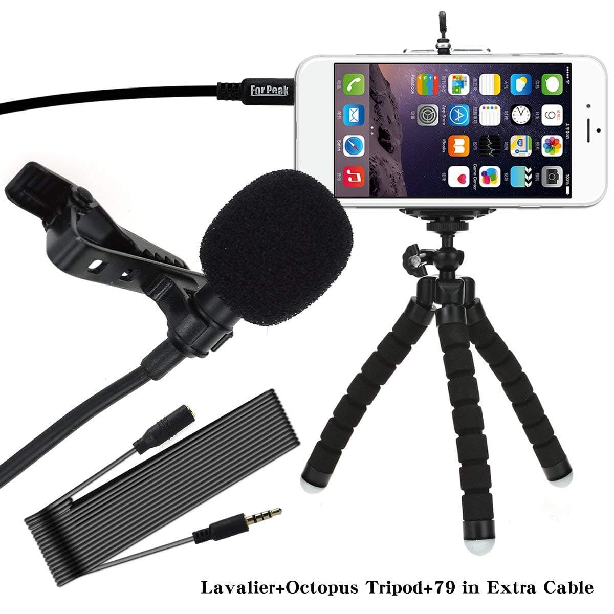 Lavalier Lapel Microphone Clip On Omnidirectional Condenser Mic with Flexible Aluminum Phone Tripod For Apple iPhone Android Samsung and Smartphones