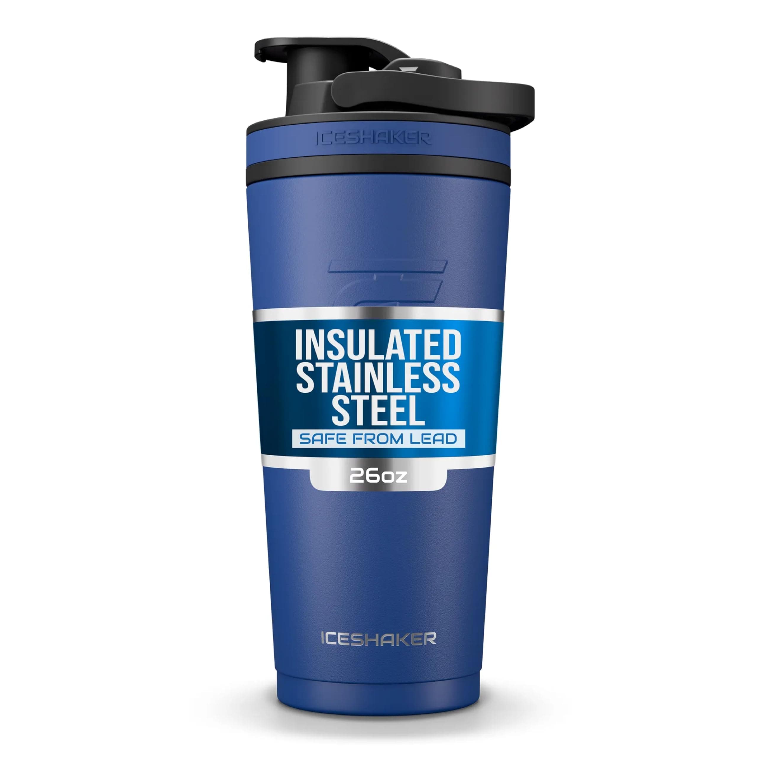 Ice Shaker Stainless Steel Insulated Water Bottle Protein Mixing Cup (As seen on Shark Tank) (Navy 26 oz)