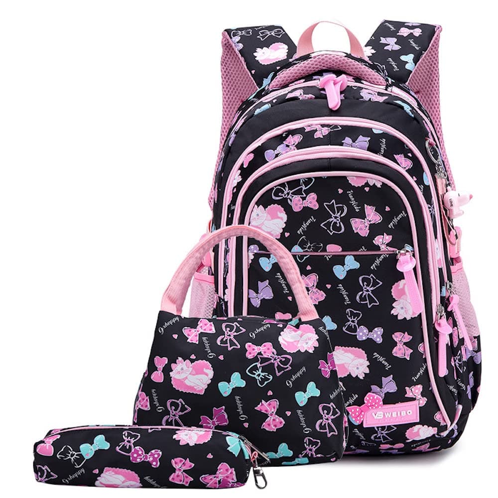 WSLCN Girls Backpack School Bags Kids Cute Cat Print Bookbag 3 Piece Set Waterproof Primary Junior High Rucksack Black